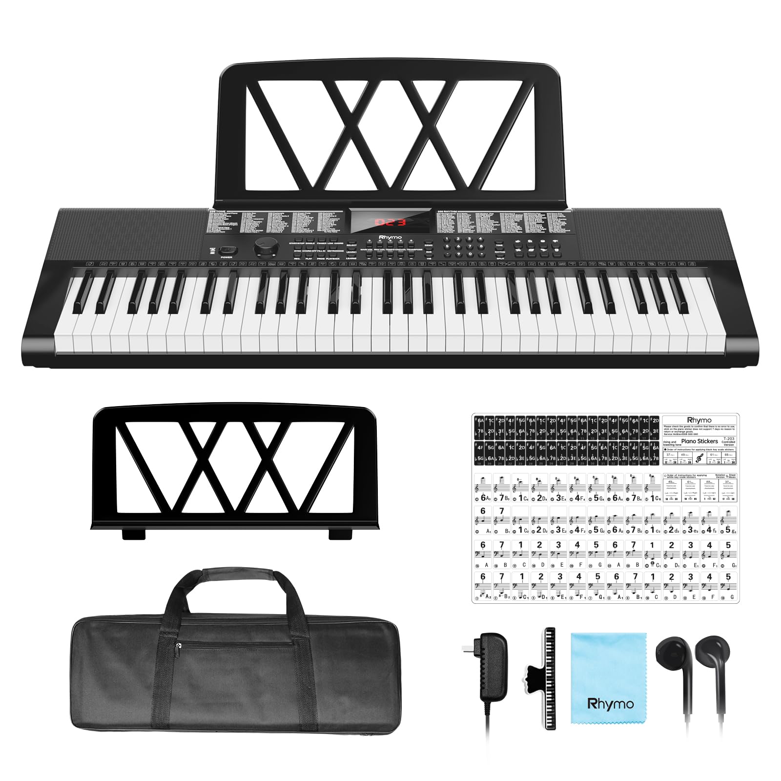 Tastiera pianoforte 61 tasti, kit tastiera per pianoforte elettrico con 255 voci, 255 ritmi, alimentato da alimentatore o batteria con display LCD, include spartiti, adesivi per note di pianoforte