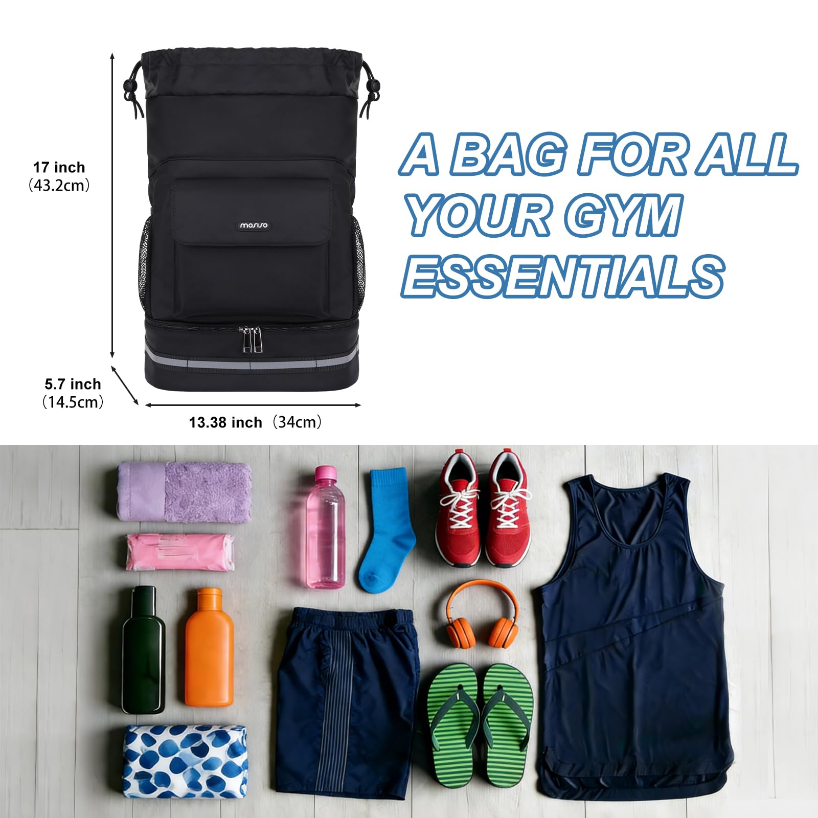 MOSISO Bolsa de Gimnasio para Mujerr y Hombre, Mochila Deportiva con Cordón con Compartimento para Zapatos&Bolsillo Frontal, Bolsa Viaje para Fitness para Viajes Deportes Yoga, Negro