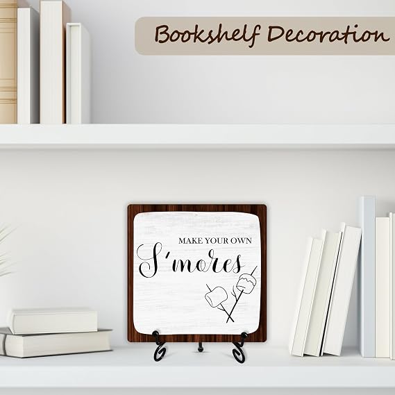 Decorative Sign, Rustic Wooden S'mores Sign with Stand, 5 x 5 Inches, Tabletop, Love Theme