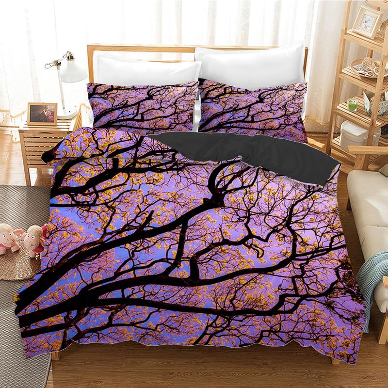 Housse de couette 140x200 microfibre lit sans pli parure arbre fleurs pourpre