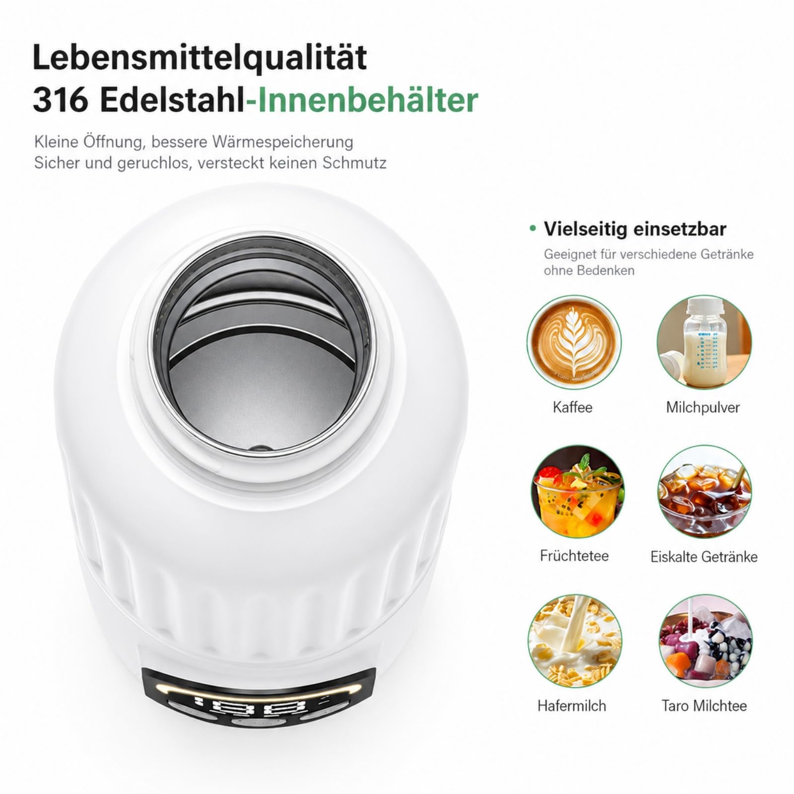 Tragbarer Flaschenwärmer Baby für unterwegs, 500 ml Flaschenwärmer mit 12000 mAh Akku, 140 W Schnellaufheizung, 316 Edelstahl, 11 Temperaturstufen, für Muttermilch und Wasser, Weiß