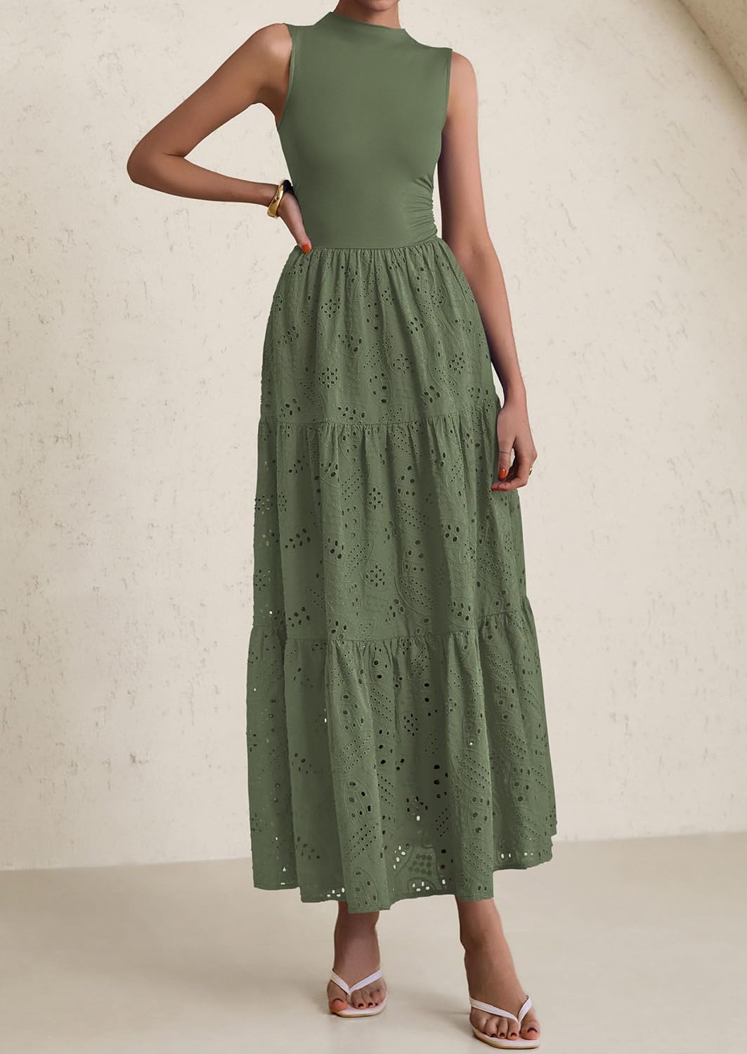 PRETTYGARDEN Summer Dresses for Women 2026 Casual Eyelet Sleeveless Wedding Guest Maxi Dress Tank Top Sundress with Pockets