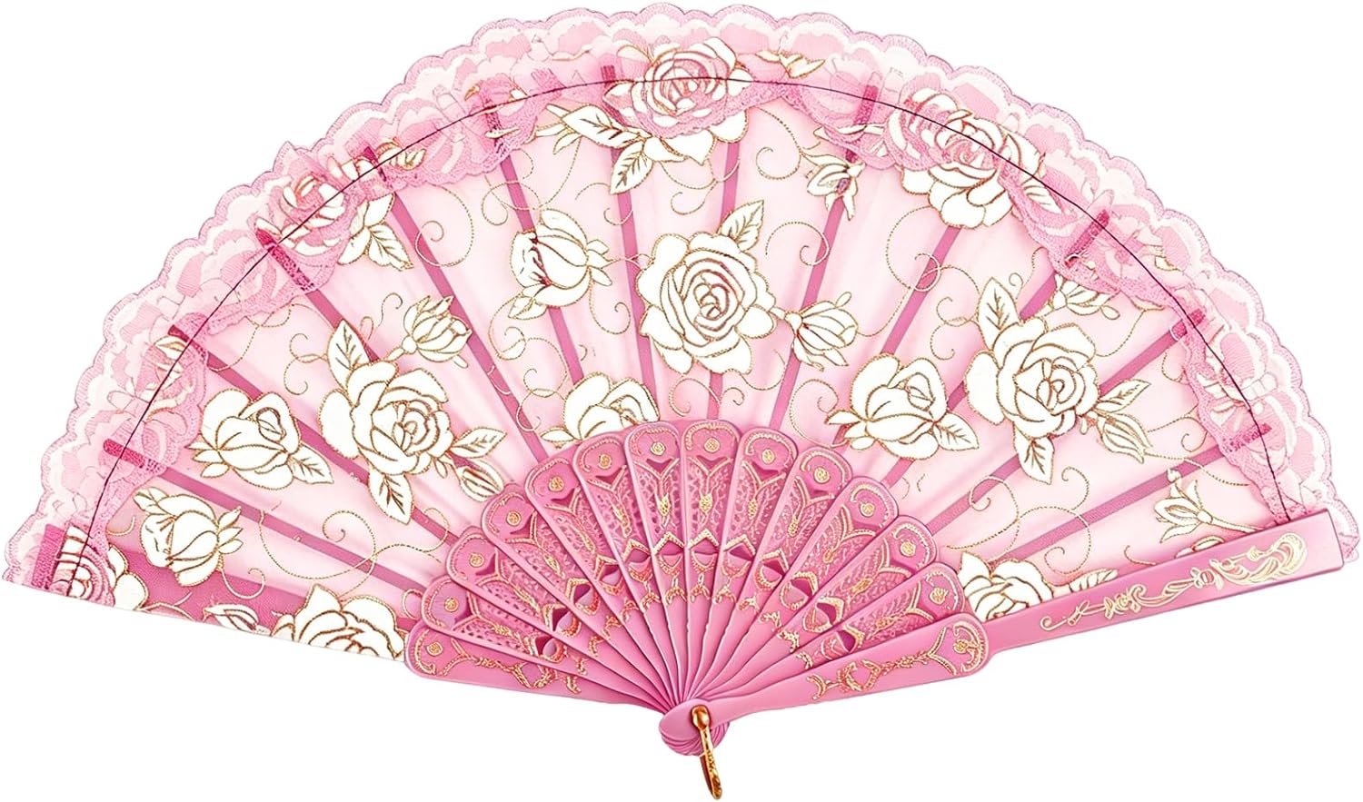 TRENDBOX Flower Rose Lace Handheld Chinese Folding Fan For Dancing Ball Parties Ladies - Rose Pink