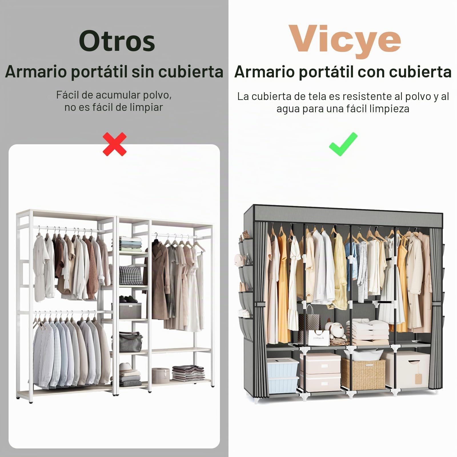 Vicye Armario de Tela Portátil 210 cm Ancho - Gran Capacidad con 5 Estantes, 5 Barras Colgar y Tapa, Guardarropa Resistente e Independiente para Dormitorio, Negro
