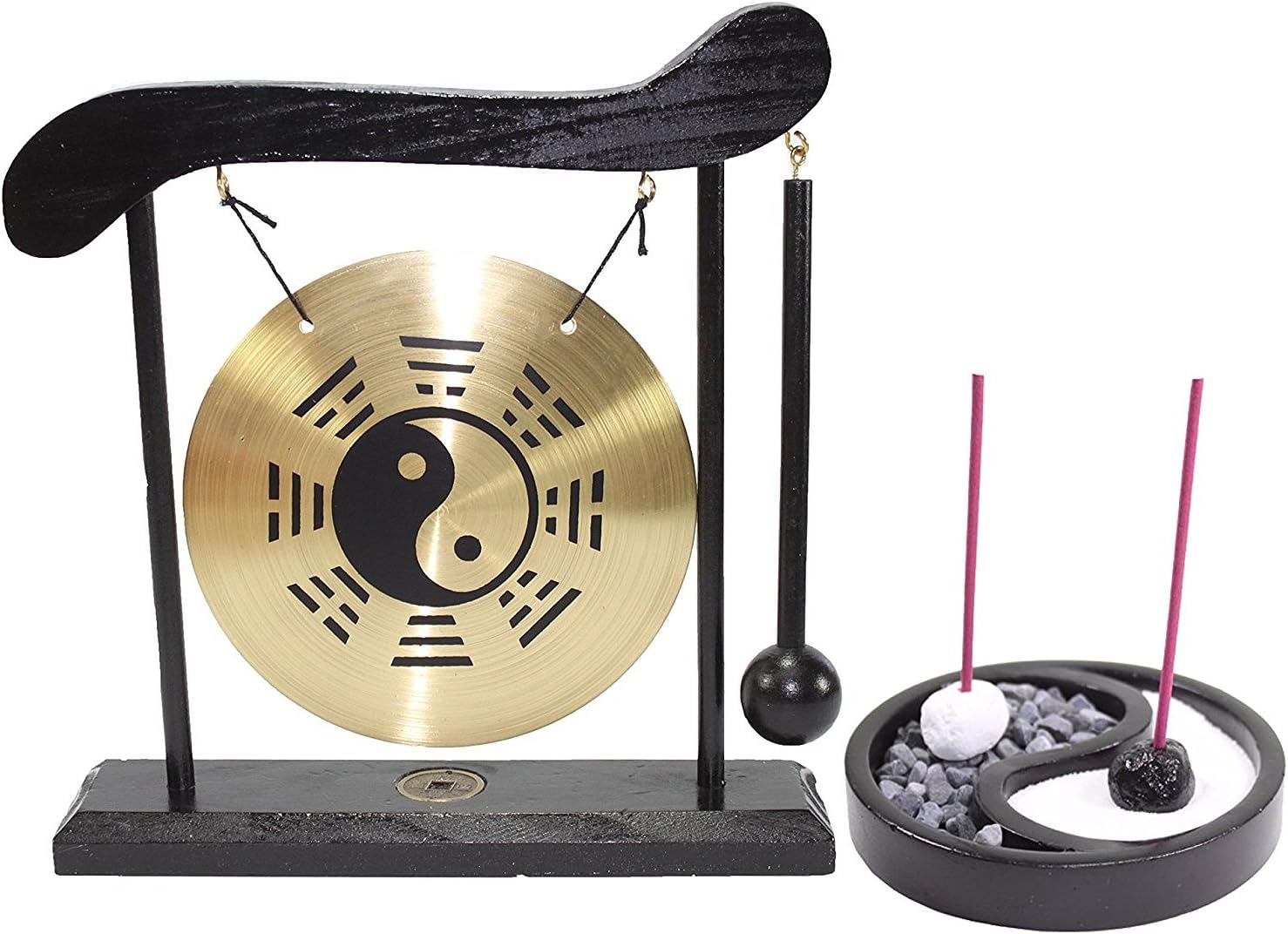 Zen Garden Tabletop Taiji Incense Holder & Taiji Symbols Gong Feng Shui Meditation Desk Bell Home Decor Housewarming Congratulatory Blessing Gift (Set of 2)