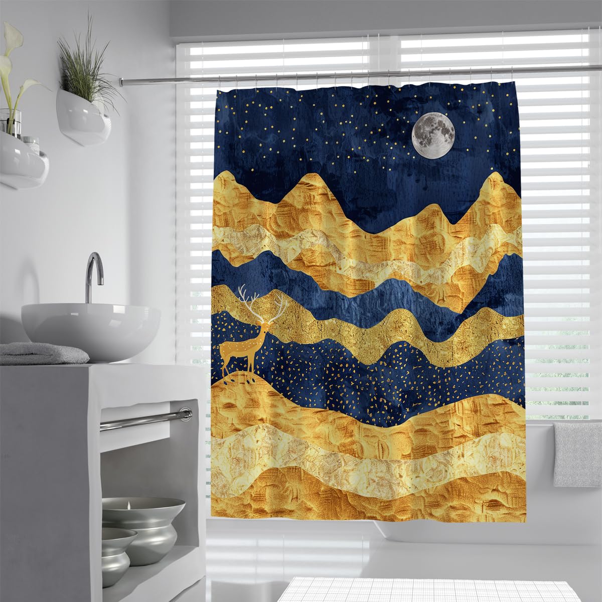 UIRINGART Creative Bathroom Curtains W180xL220cm Navy Blue Yellow Night Sky Stars Stag Peaks Pattern Mildew Mould Resistant Waterproof Fabric Home and Hotel Decor