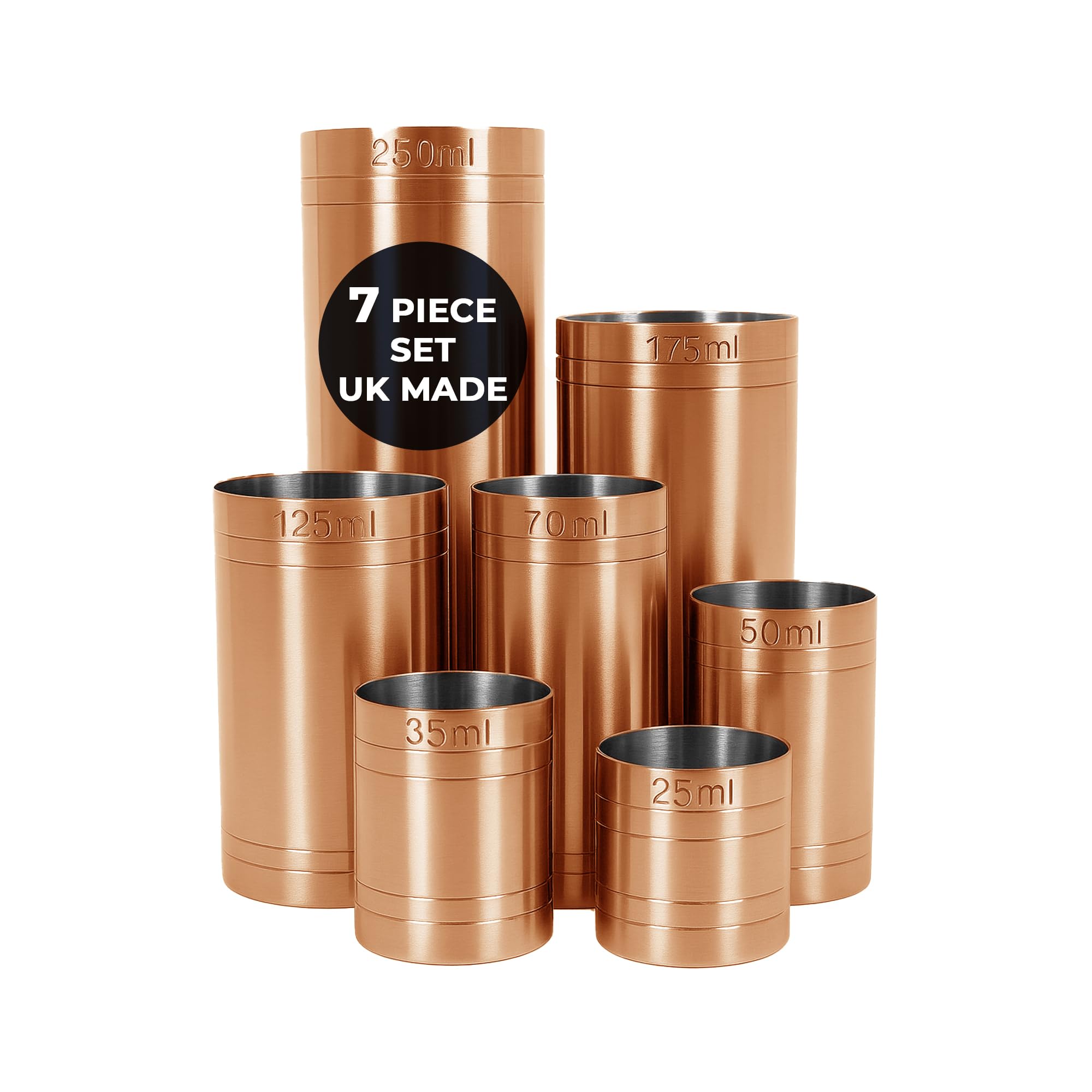 Chabrias Ltd 7 Piece Full Set 25, 25, 50, 70, 125, 175, 250ml Premium Stainless Steel Copper Thimble Measure Barware, Home Bars, Cocktail Stations & Bartenders, Government Stamped