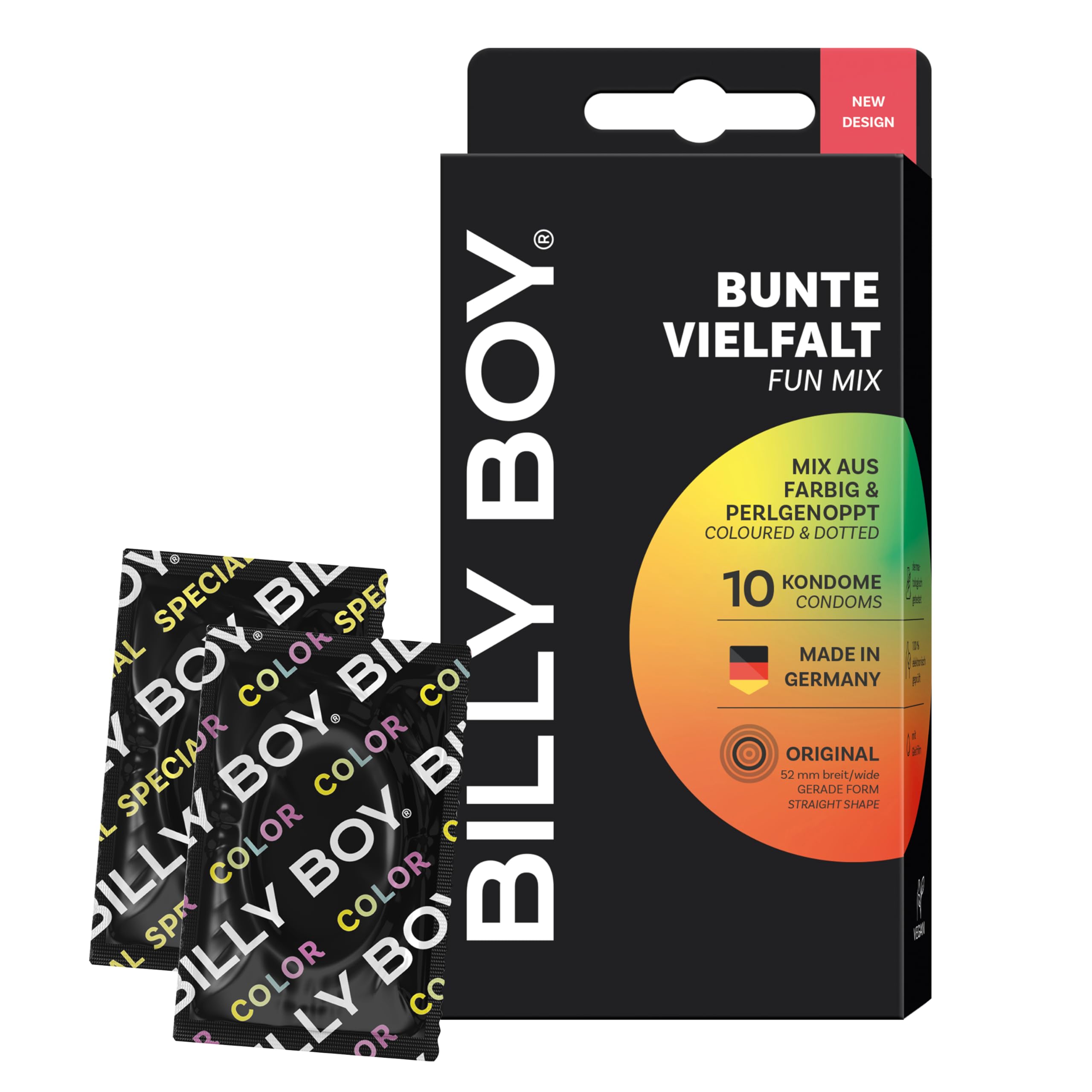 BILLY BOY Kondome Bunte Vielfalt 10er | 52 mm | Mix aus Farbig und Perlgenoppt (1x10 Stück)