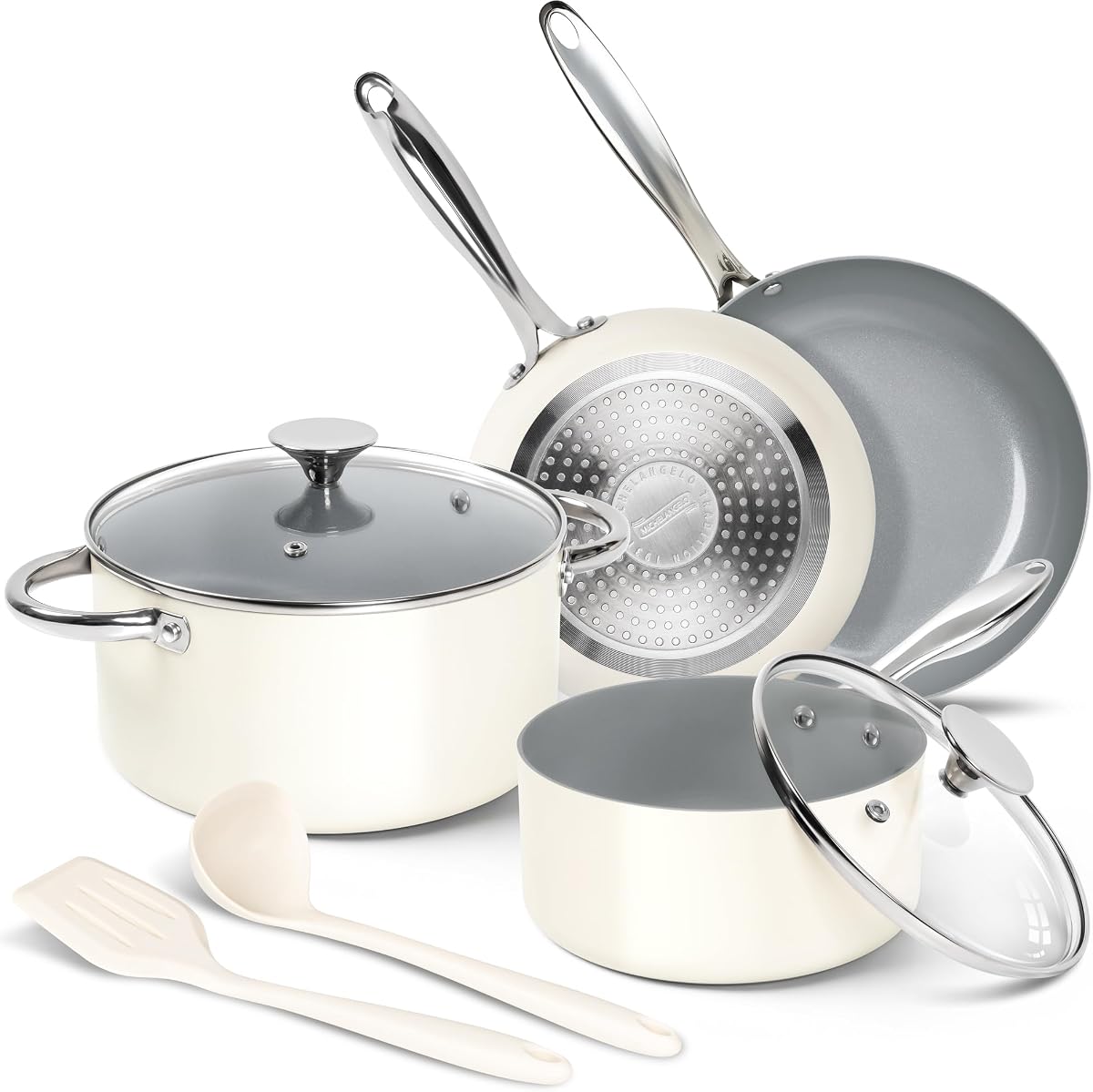 MICHELANGELO Pots and Pans Set Non Stick 8 Piece Ceramic Cookware Set Cream | PFAS-Free Cream Ceramic Nonstick Cookware Set for Eggs, Pancakes, Sauces, Low-Oil Cooking and Induction Ready, Fast Cleanup