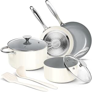 Michelangelo 8-Piece Non-Stick Ceramic Cookware Set, Cream