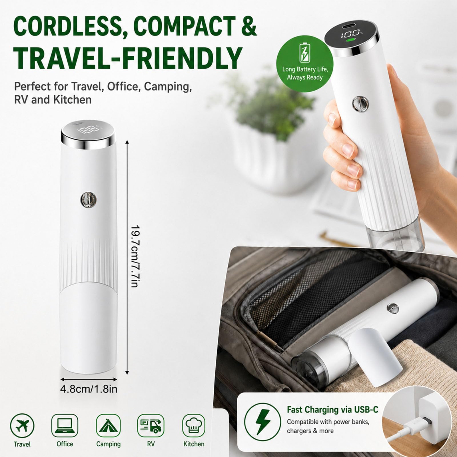 Envasadora al vacío pequeña, inalámbrica, completamente automática, para alimentos, con 20 bolsas de vacío reutilizables, sellador al vacío para vasos con 10 tapas de Mason Jar, para viajes, oficina y