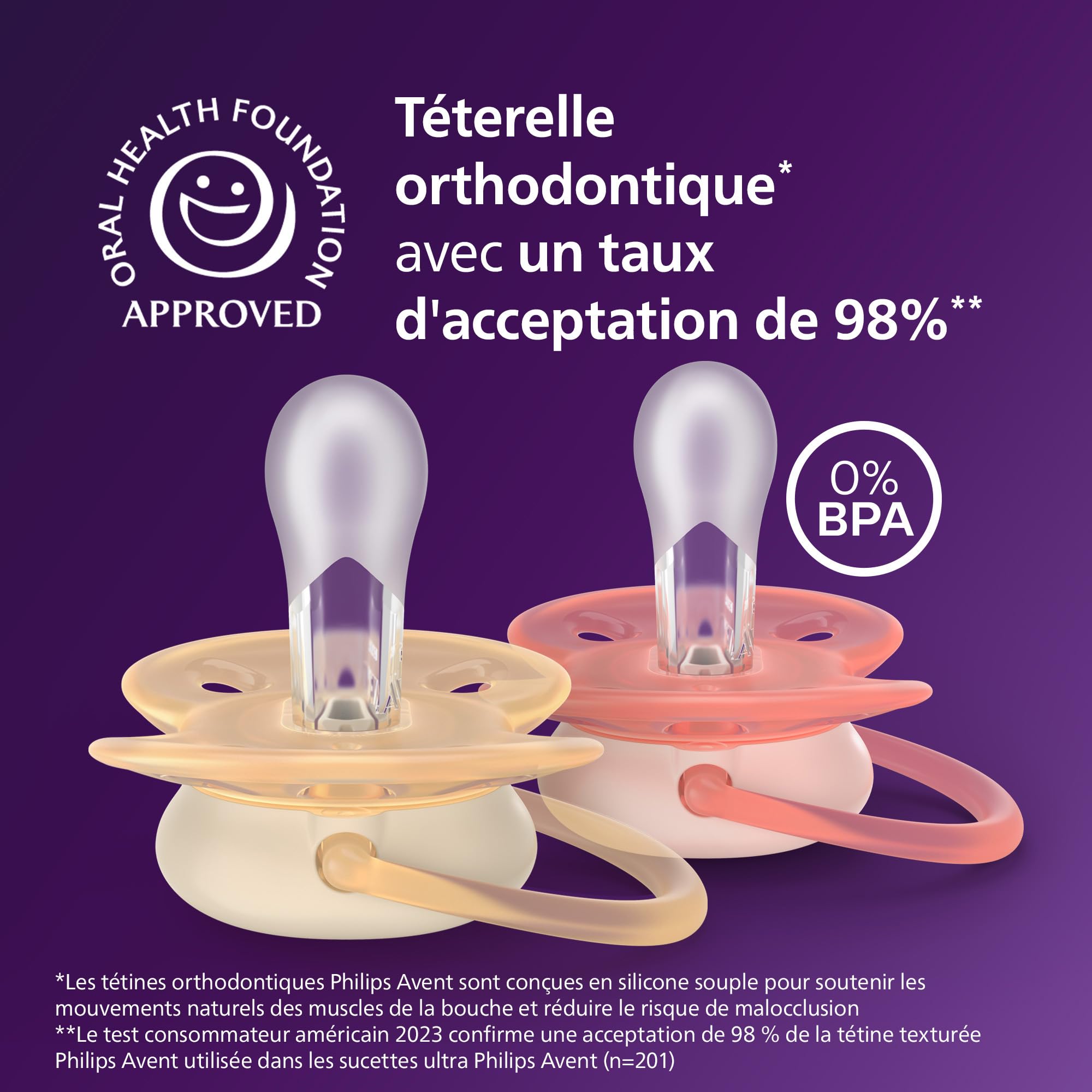 Philips Avent Sucettes ultra-douces - Tétines orthodontiques, pour bébés de 0 à 6 mois, collerette souple,en silicone souple d'origine végétale, sans BPA, lot de 2, SCF091/38