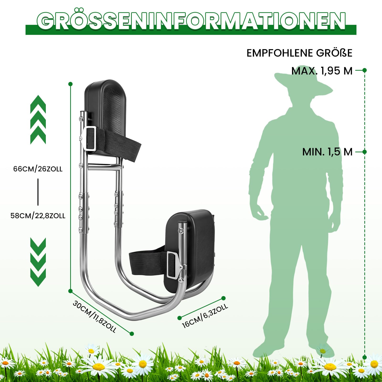 Rodillera para jardinería con función de asiento, comodidad para jardinería, soporte de rodilla ajustable, férula para piernas, 160 – 195 cm de altura, rodilleras en jardín, construcción y