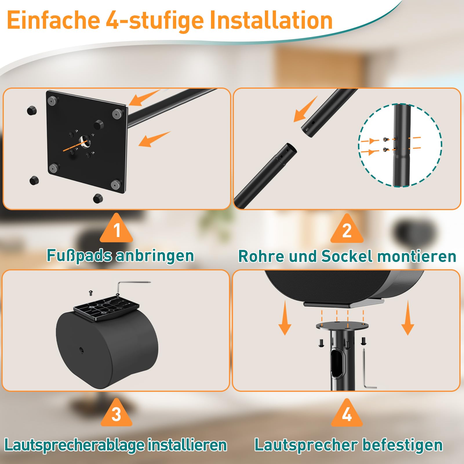 ELIVED Lautsprecherständer für Sonos Era 300, Höhe 80,7cm Bodenständer mit Glassockel, Max. 5kg, Schwarz, 1 Paar, EV5026