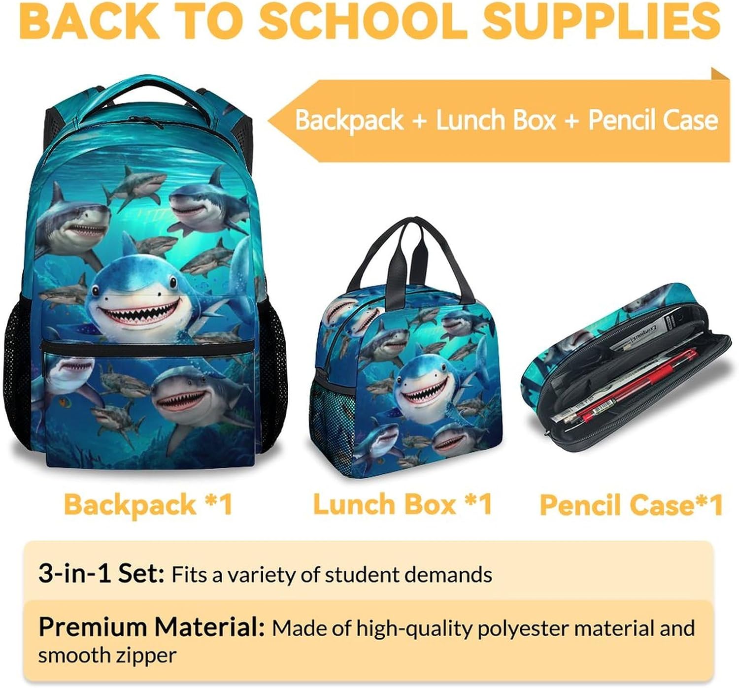 Shark Backpack with Lunch Box, Set of 3 School Backpacks Matching Combo, Cute Blue Bookbag and Pencil Case Bundle - Image 3