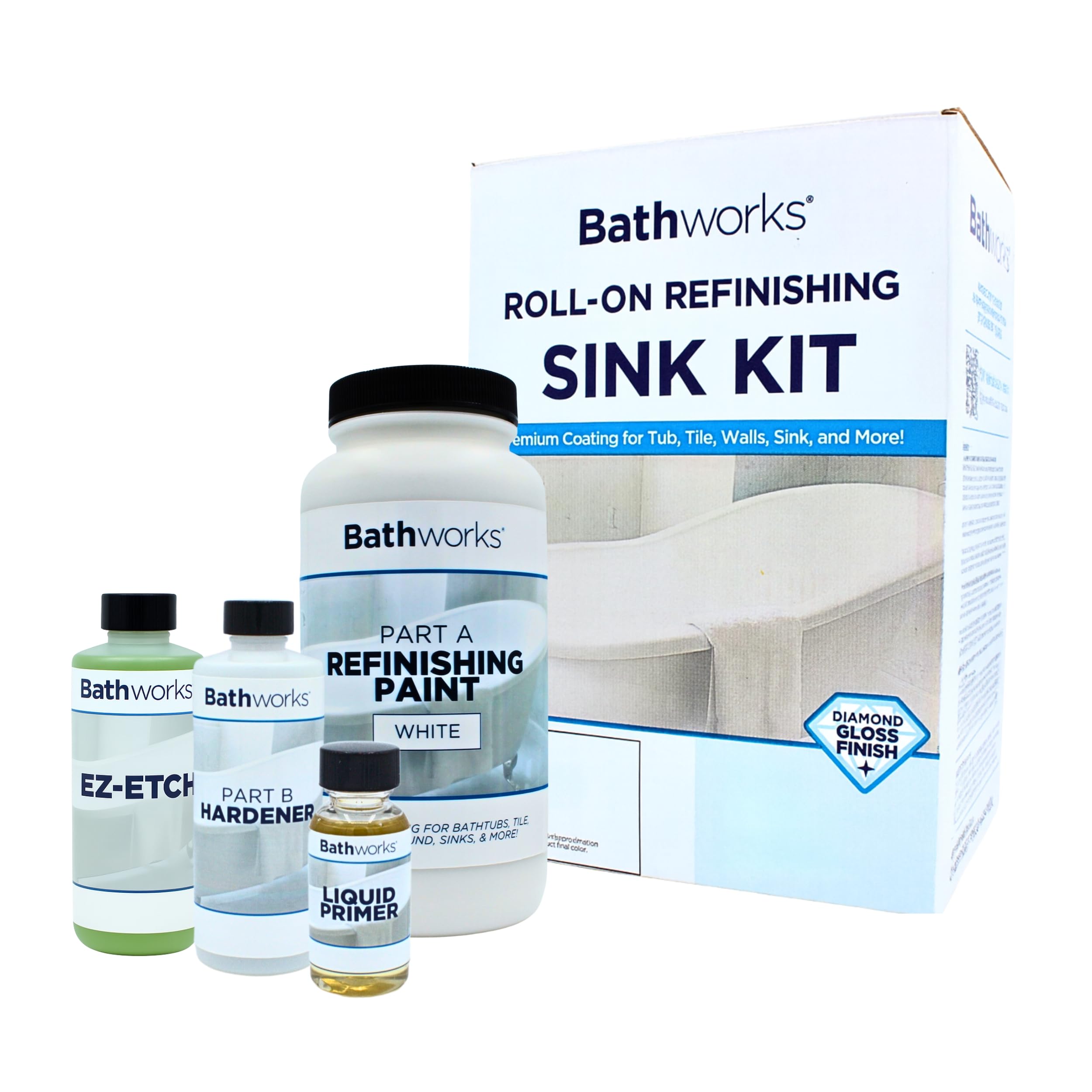 Bathworks Roll-On Sink Refinishing Kit with EZ-Etch - 11 fl oz Coating & Tools Included, High Gloss White, Professional-Grade DIY System for Sinks & Small Fixtures - Durable Non-Yellowing Finish
