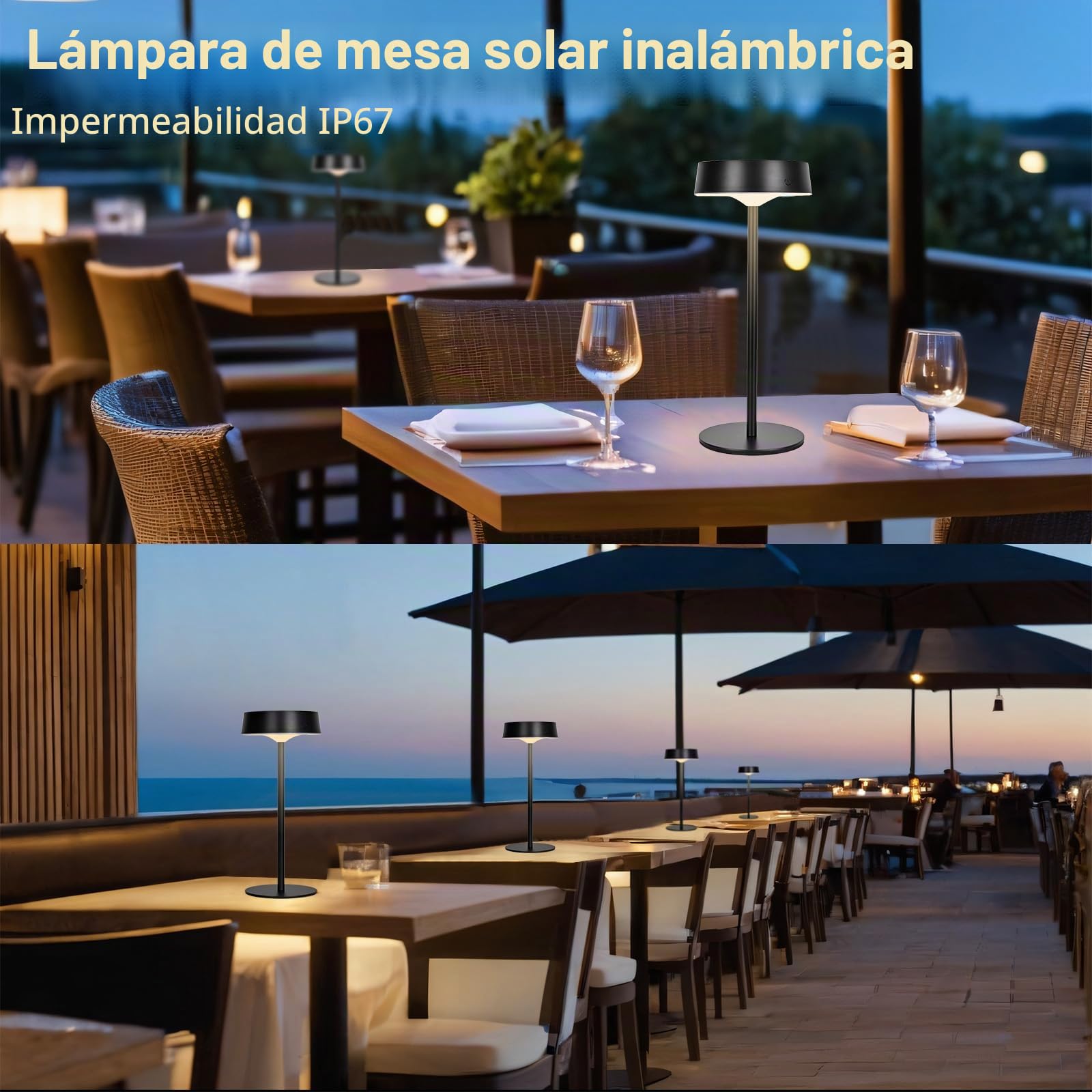2 Piezas Lámpara Mesita Noche, IP67 Impermeable y Lampara Solar Exterior Mesa, Lampara Mesita Noche sin Cable de 3CCT, lampara con Carga Solar y Usb, para Interior y Exterior