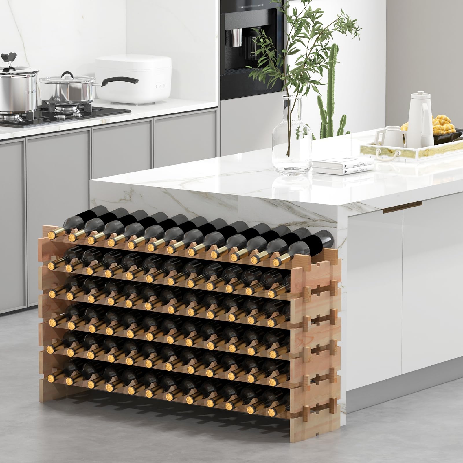 GOPLUS Range Bouteille pour 72 Bouteilles, 119x29x71,5CM, Casier à Bouteilles en Bois de Pin Massif avec 6 Étagères Modulable, Extensible, Montage Simple, Porte Bouteille pour Bars, Cave, Cuisine