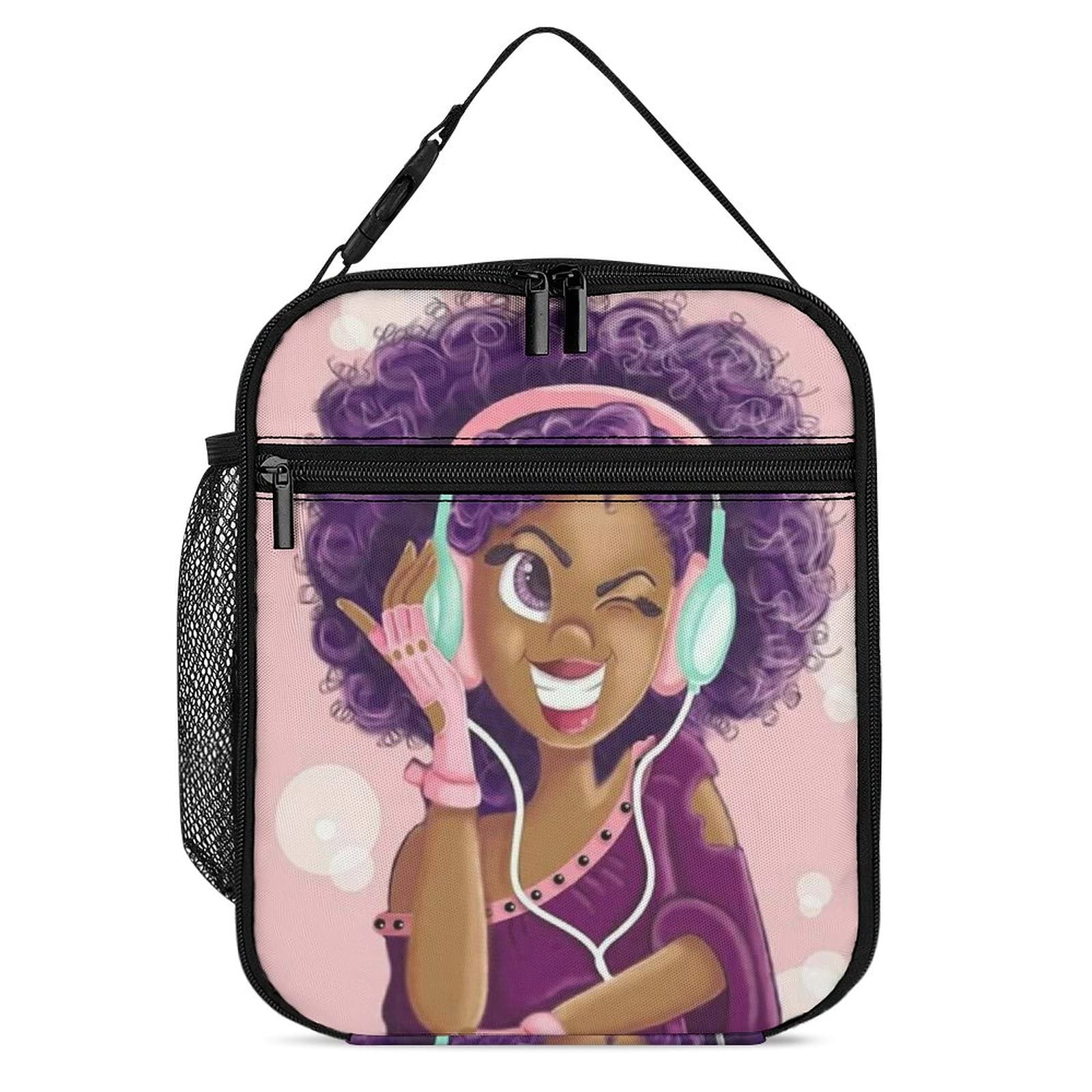 African American Black Girl Love Music Purple Hair Reusable Insulated Lunch Bag for Women Men Kids,Leakproof Portable Lunch Box with Side Pocket