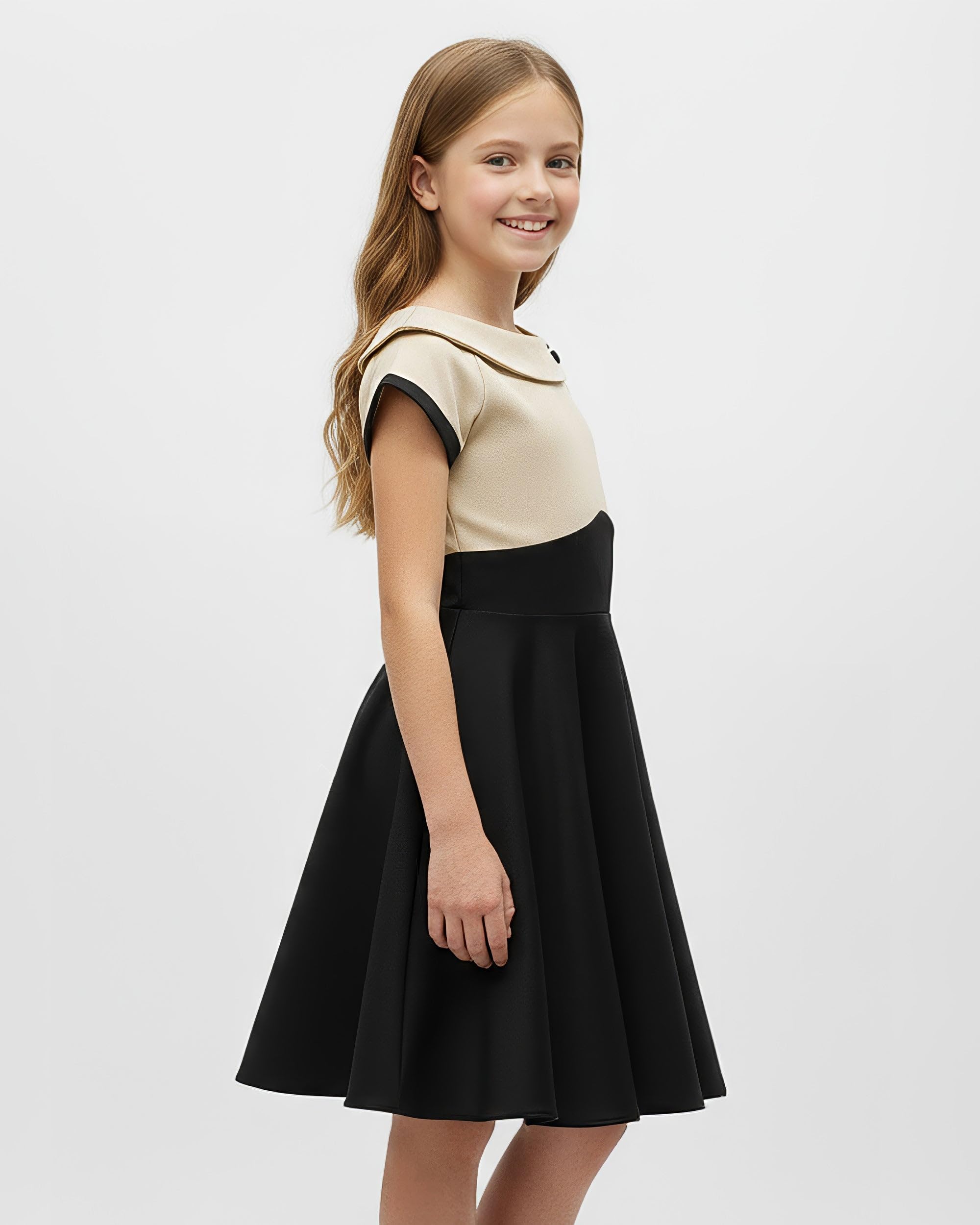 BlackButterfly Mädchen Kleid Valerie Zweifarbig | Tellerrock, Kurze Ärmel, Umlegekragen, Pfeil-Taillennaht, Gefüttert, Reißverschluss Hinten, 3-14 Jahre