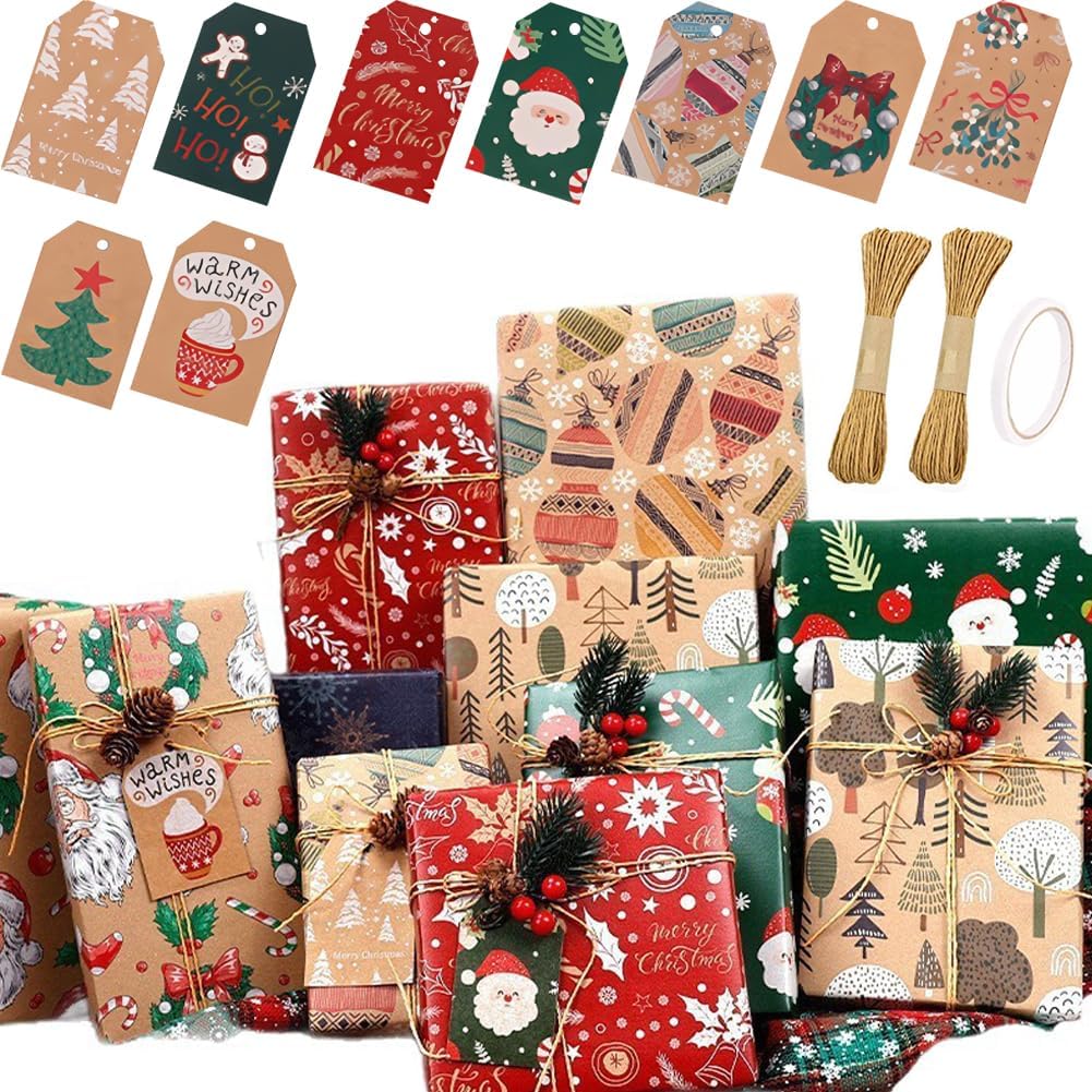 Christmas Wrapping Paper Sheets Xmas Gift Wrap Set, 70*50cm Luxury Traditional Red Blue Kraft Paper, Family Friends Present Decorations for Festival Holiday New Year Vintage Gifts Ornament for His/Her