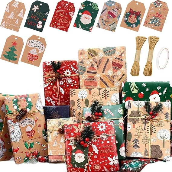 Christmas Wrapping Paper Sheets Xmas Gift Wrap Set, 70*50cm Luxury Traditional Red Blue Kraft Paper, Family Friends Present Decorations for Festival Holiday New Year Vintage Gifts Ornament for His/Her