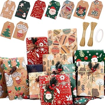 Christmas Wrapping Paper Sheets Xmas Gift Wrap Set, 70*50cm Luxury Traditional Red Blue Kraft Paper, Family Friends Present Decorations for Festival Holiday New Year Vintage Gifts Ornament for His/Her