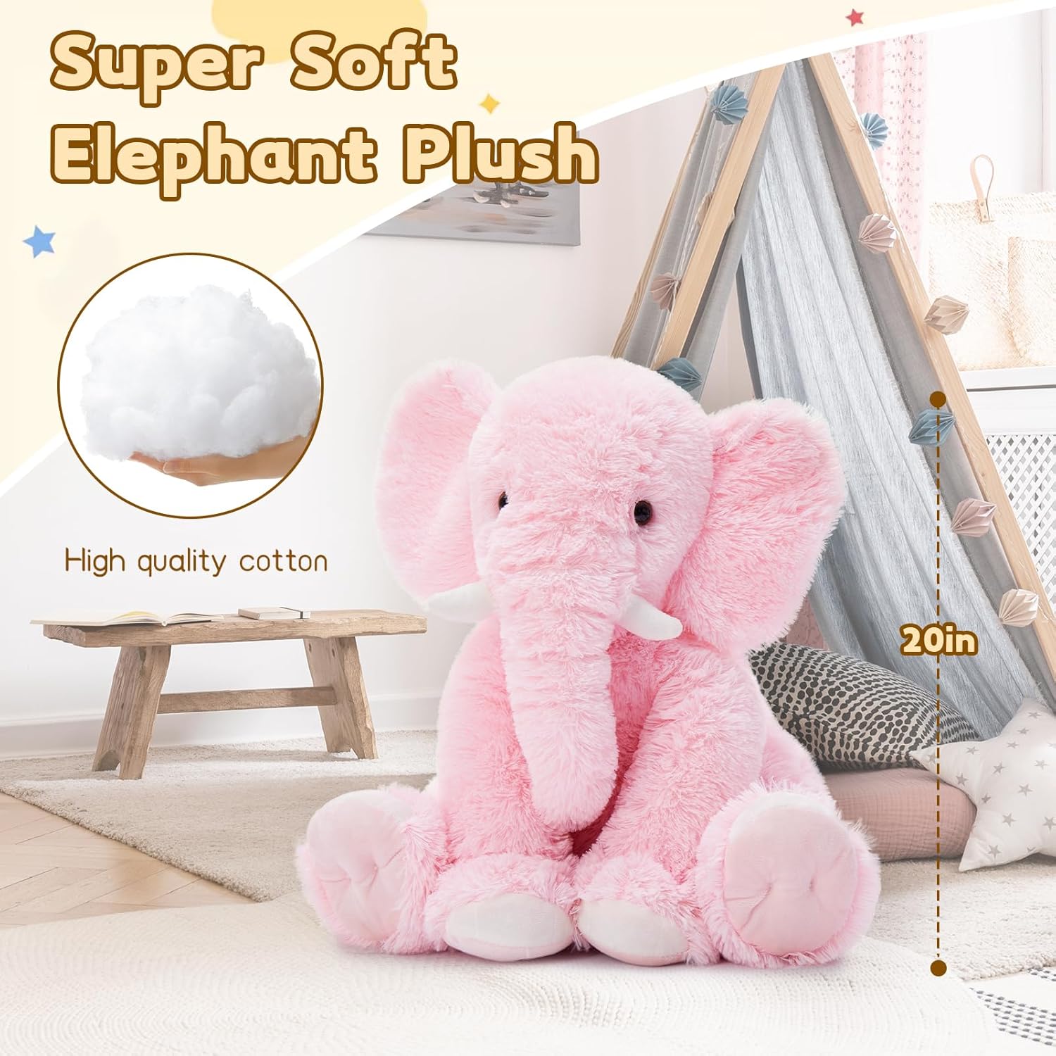 Tezituor 19.6 Inch Plush Elephant Stuffed Animal Giant Pink Elephant Toys Soft & Cuddly Plush Animal Gift for Girls, Kids Birthday Christmas Valentine's Day