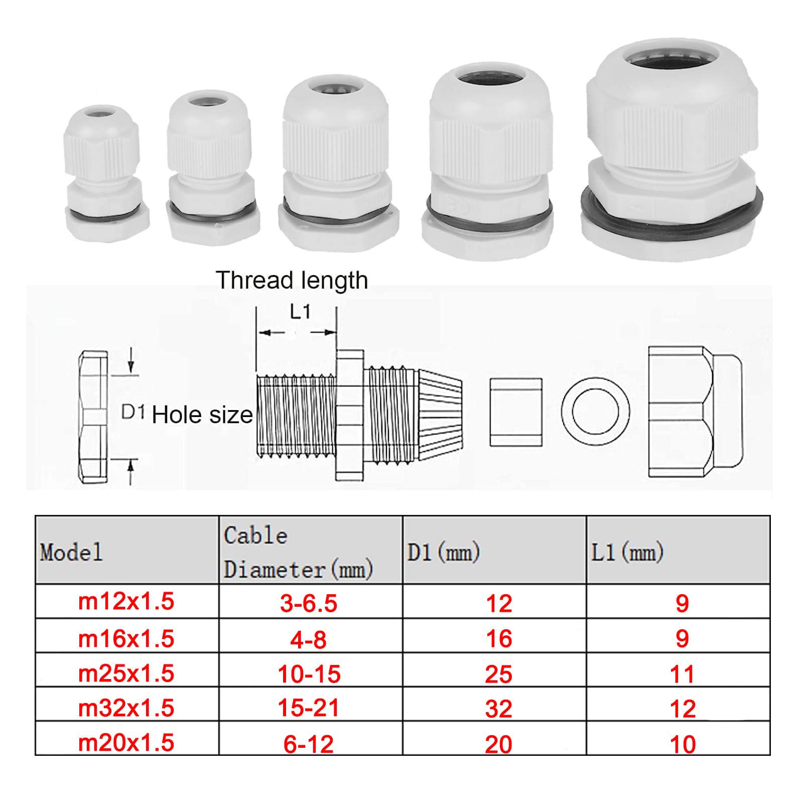 Suyep Presse-étoupe en nylon PA étanche réglable 3–50 mm Connecteurs de câble avec joints – M121.5, M14, M16, M18, M20, M22, M24, M25, M27, M30, M32–63, assortiment (M16–100 pièces, noir