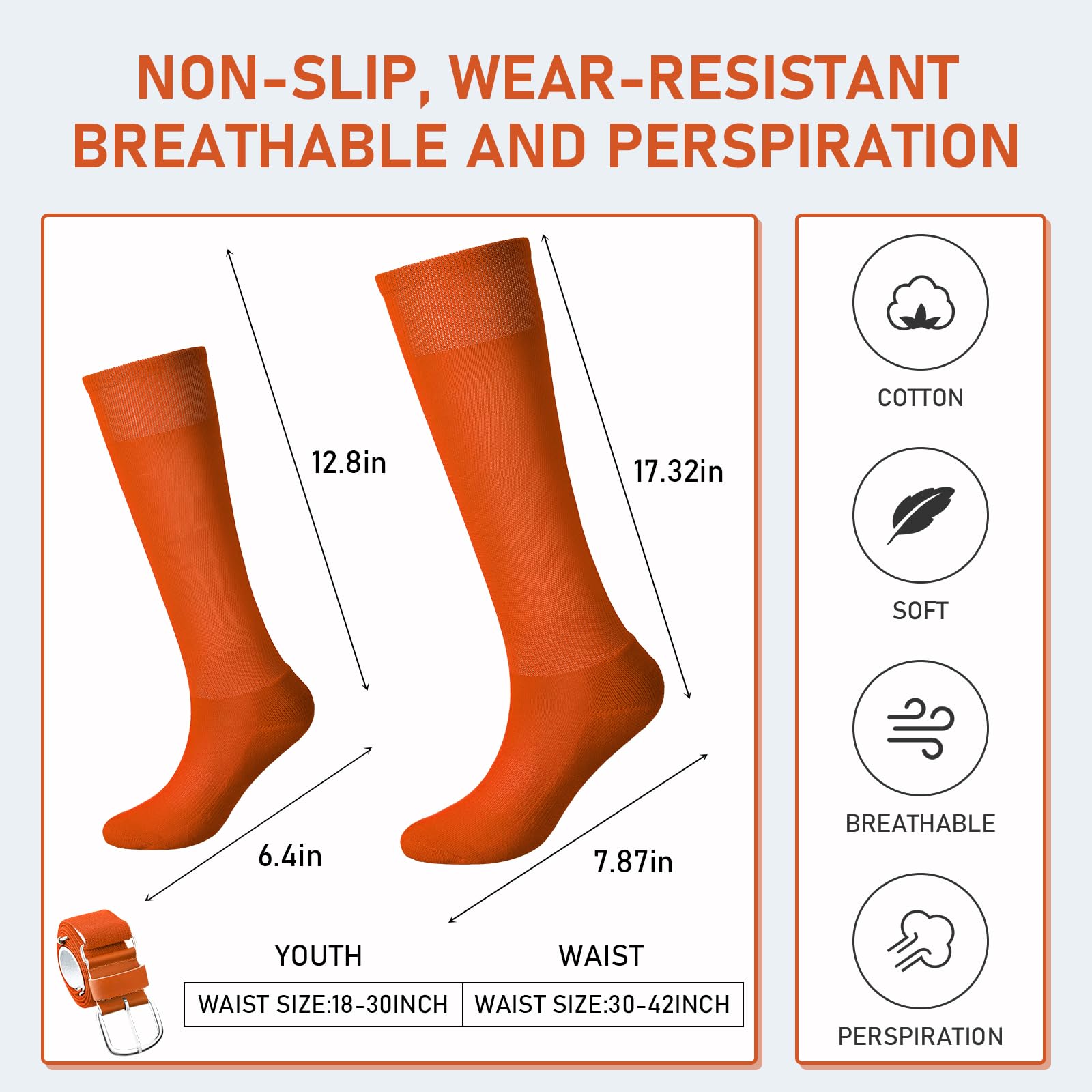 Zhanmai Baseball Belt and Socks Combo Adjustable Softball Socks and Elastic Waist Belt for Youth Boys Girls, Adult(Bright Orange,Youth)
