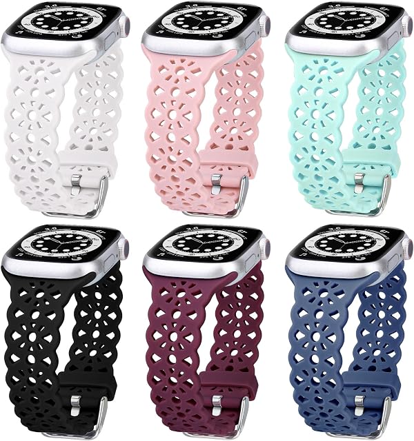 V-MORO 6 Pack Straps Compatible with Apple Watch Strap 38mm 40mm 41mm for Women, Lace Silicone Sport Straps for Apple Watch SE/iWatch Series 8 7 6 5 4 3 2 1,Black/White/Rosepink/Wine/PineGreen/Blue
