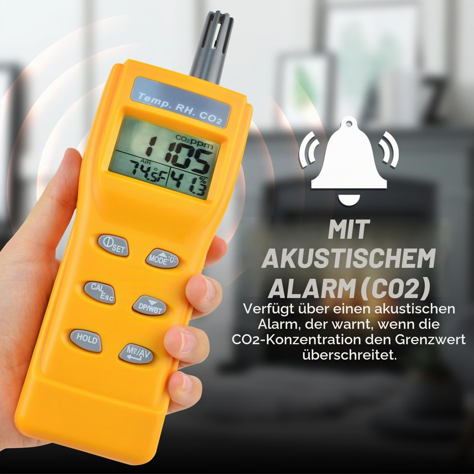 CO2 Meter Tragbarer CO2 Monitor 9999ppm Kohlendioxiddetektor NDIR CO2 Sensor Luftqualitätstester für Kohlendioxid Luftfeuchtigkeit und Temperatur