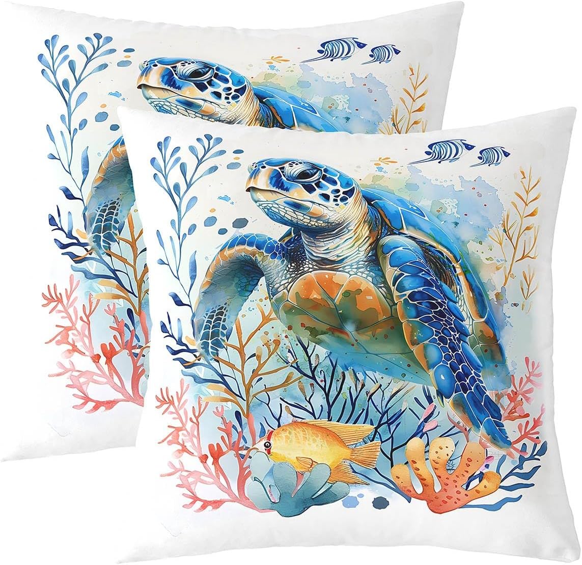 Feelyou Sea Turtle Cushion Case for Kids Boys Girls Coral Pattern Decorative Pillowcase Ocean Theme Throw Pillow Covers 22"x22" Set of 2 Fish Pattern Home Decor