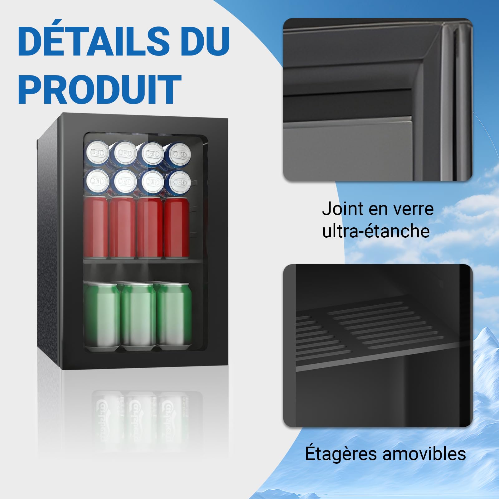 Réfrigérateur de boissons, 24 canettes/20 litres, mini réfrigérateur avec porte transparent pour limonade, bière ou vin, plan de travail, réfrigérateur avec étagères amovibles réglables - 5