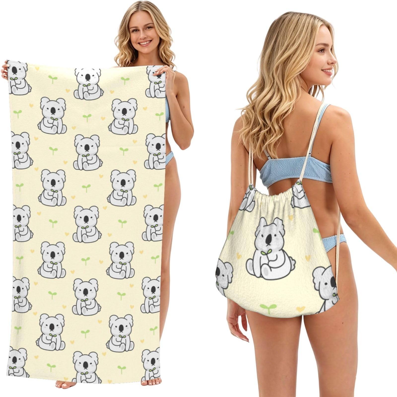 Poadnly Cute Koala, 2 in 1 Packable Towel Bag, Beach Towels with Drawstring Backpack for Travel Holiday Camping