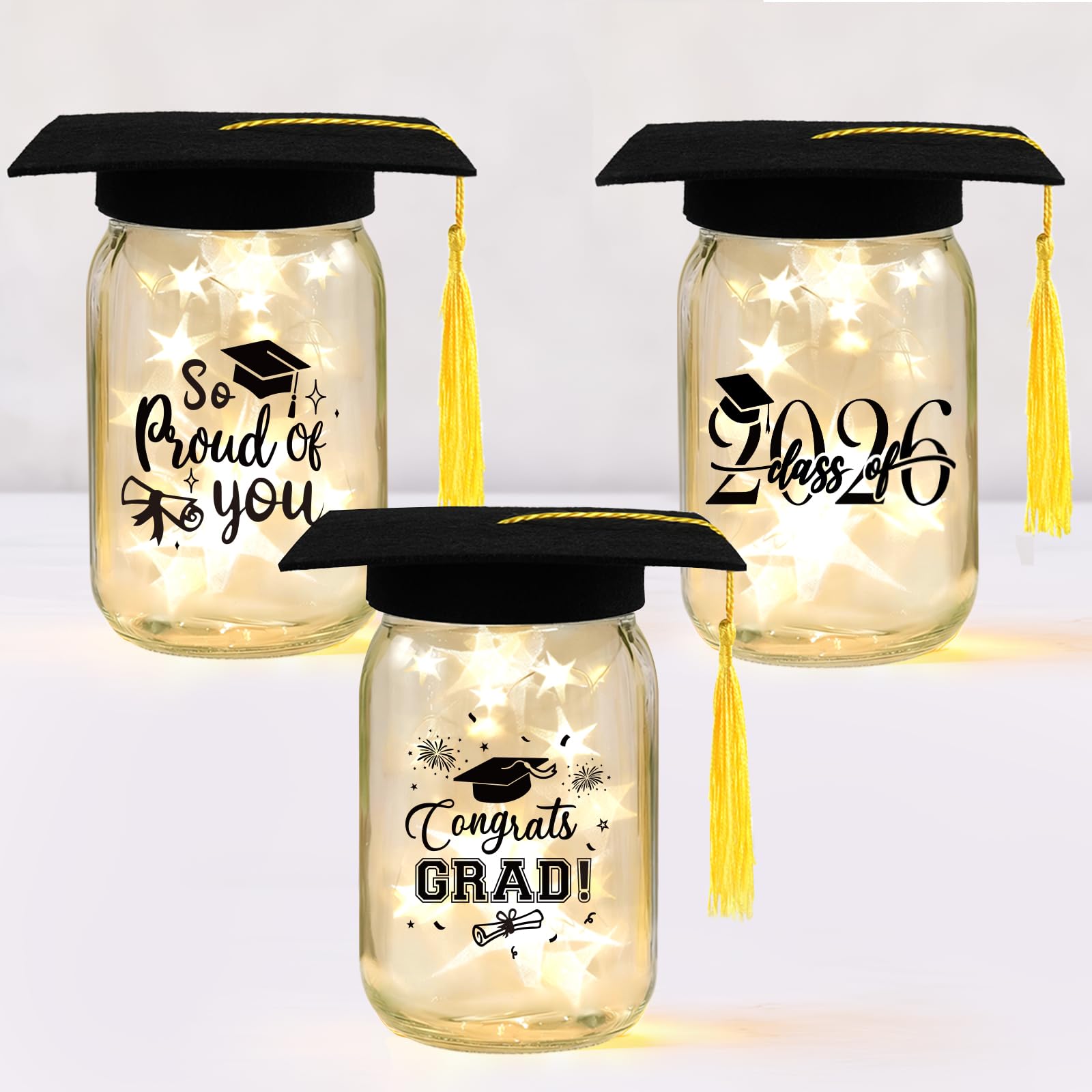 Photo 1 of 12 Sets 2026 Graduation Centerpieces for Tables, Glowing Mason Jar Centerpieces with Graduation Caps, Glowing Money Jars for College High School Congrats Grad Party Decor Supplies