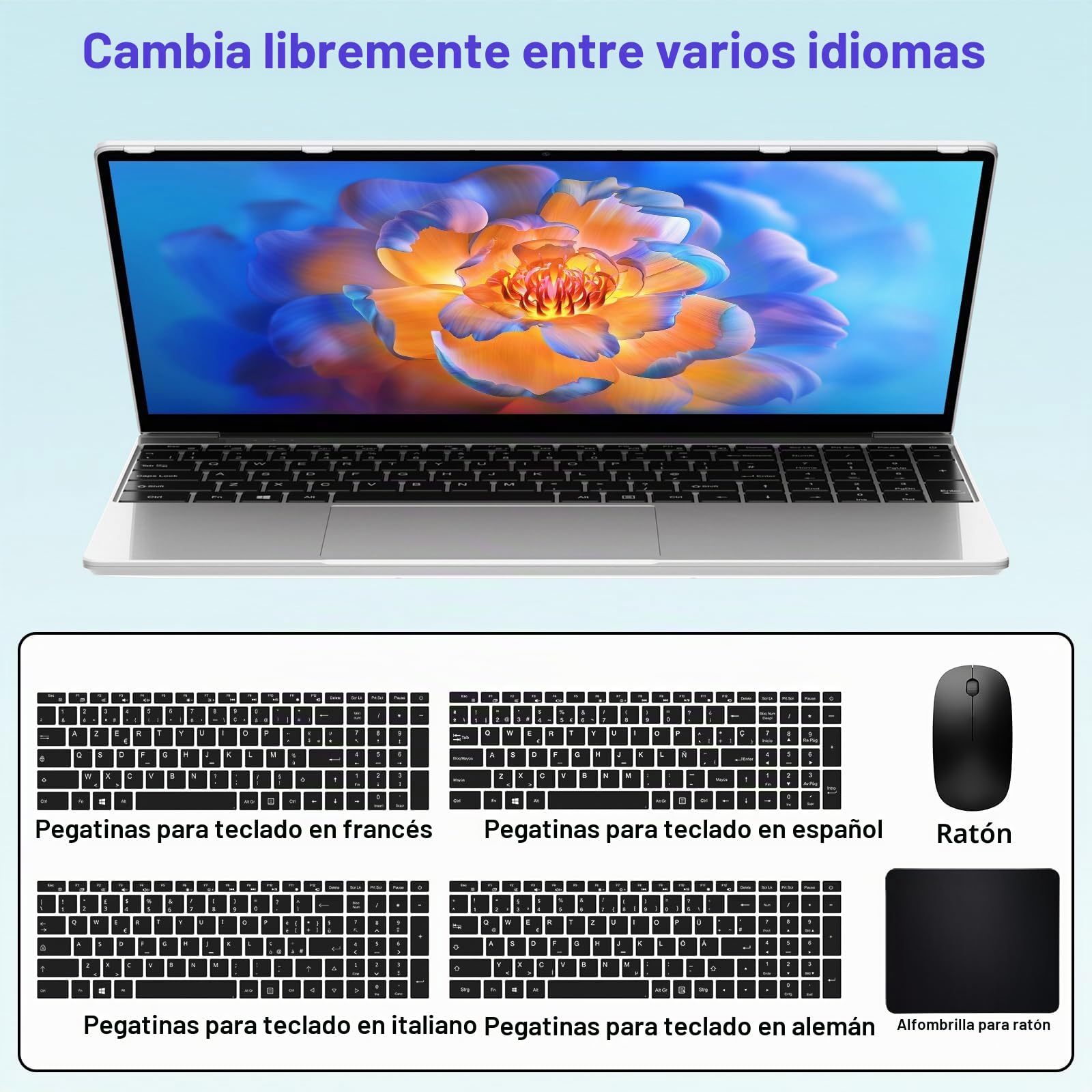 PC portátil 15,6 Pulgadas,16 GB DDR4,SSD 512 GB,TF de 1 TB,N95 (hasta 3,4 GHz),Win11,1920 * 1080 FHD,5G WiFi/Widevine L1/DC 3.0/HDMI/Teclado España de Membrana,Plata