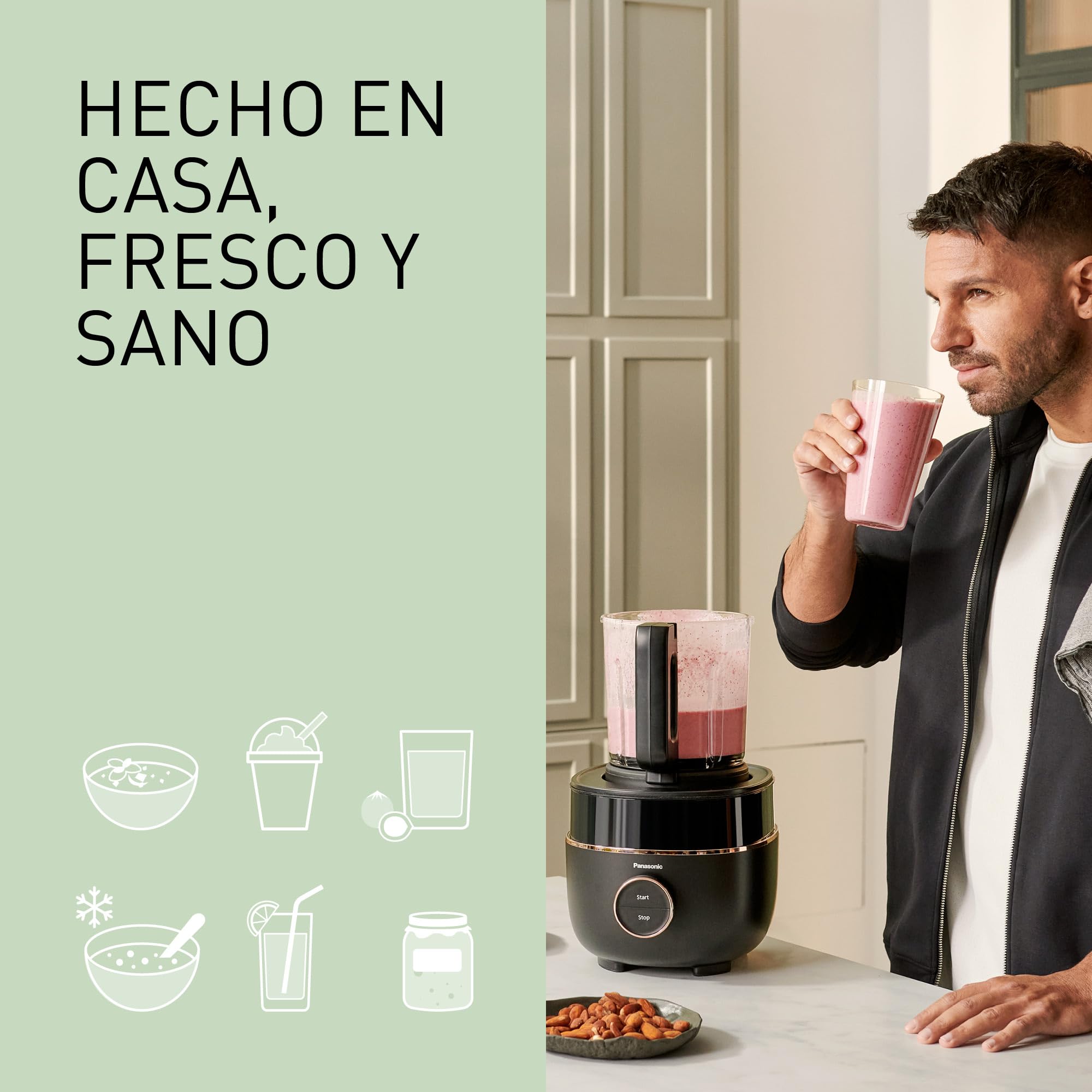 Panasonic MX-HG4401KXE Licuadora y Maquina para Sopa, 1.2 L, 800 W, Caliente y Frío, 9 Modos Automáticos, 10 Velocidades, Temporizador, Mantener Caliente, Limpieza Automática, Negro y Oro Rosa