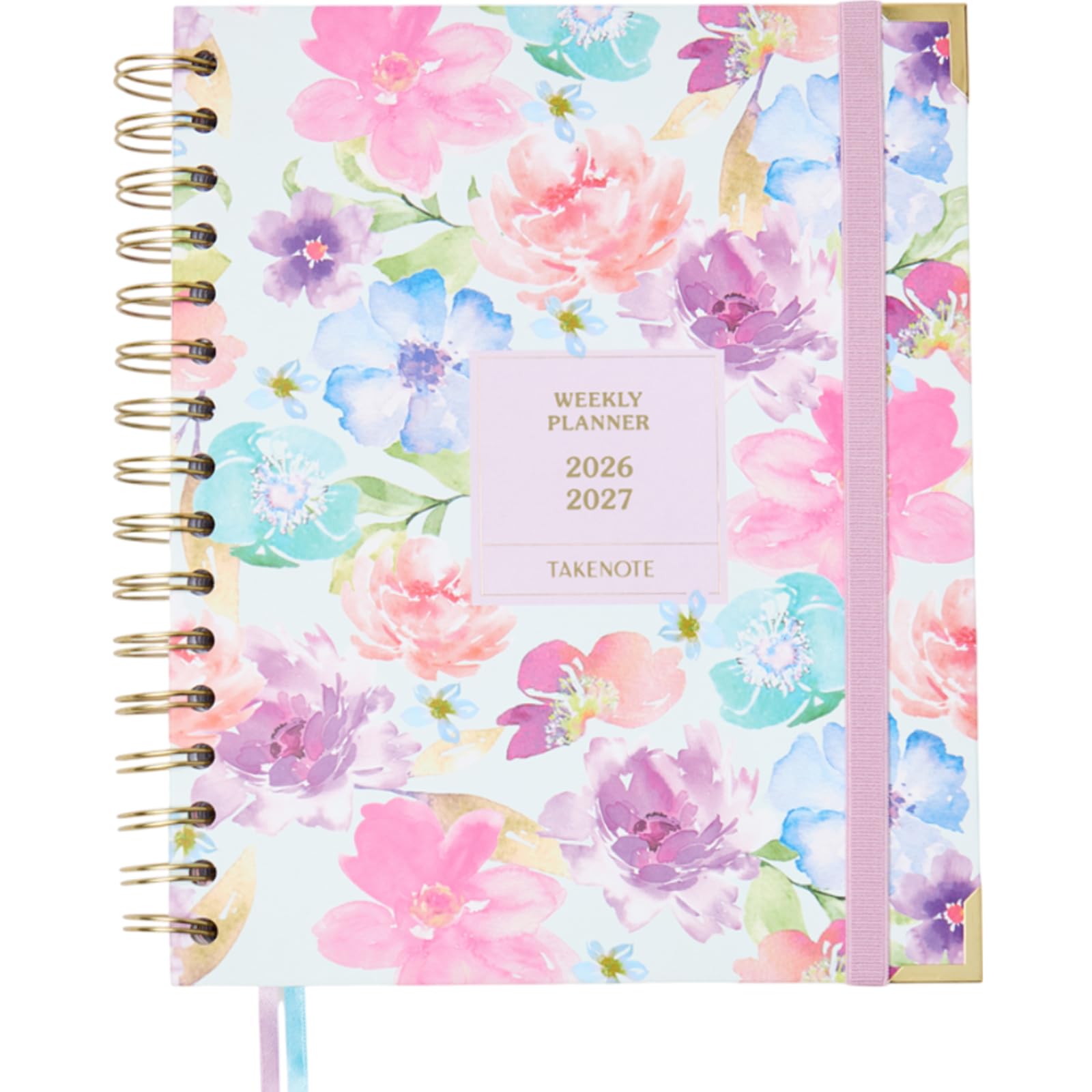Takenote Diary 2026 2027 - Academic SEP/AUG, A5, Week to View, Hard Cover, Double Spiral Binding, 2 Ribbon Bookmarks, Elastic Closure, Monthly Tab Index, 8 Sticker Pages, Spanish and English - Melissa