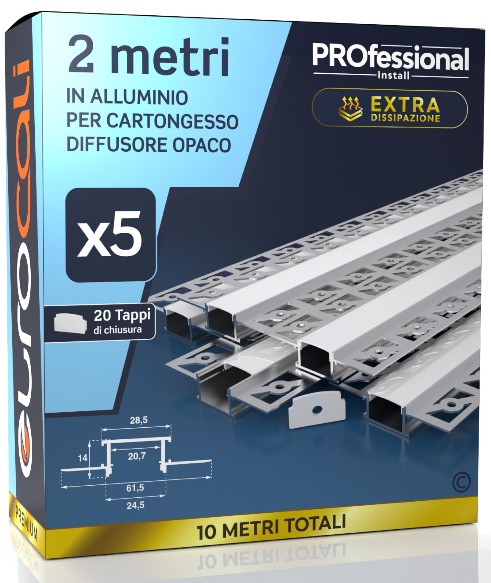 5x Profili da 2m (10mt) a Scomparsa in Alluminio per Strisce LED Schermatura Opaca ingombro max striscia led 20.7mm - 28.5 x 14 (alette 61.5)