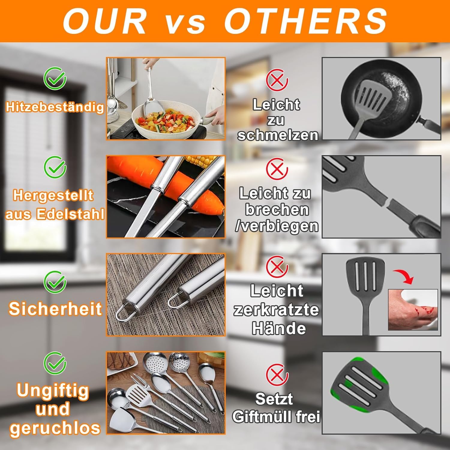 Kottwca Ensemble d'ustensiles de cuisine en acier inoxydable, 13 pièces, résistant à la chaleur, plastique, sans adhérents, résistant à la chaleur, passe au lave-vaisselle, idéal pour tous les besoins
