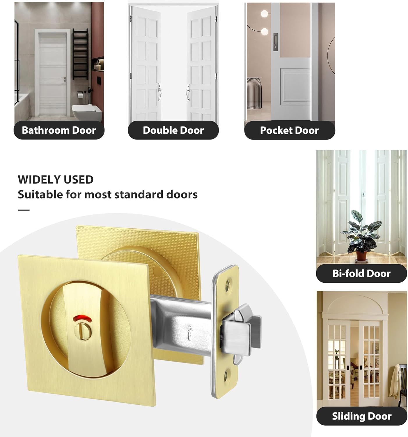 Malimali Pocket Door Lock, Brushed Gold Pocket Door Hardware Square Door Lock with Red-Green Indicators for Privacy Sliding Door Bifold Door Locks and Pulls Handles