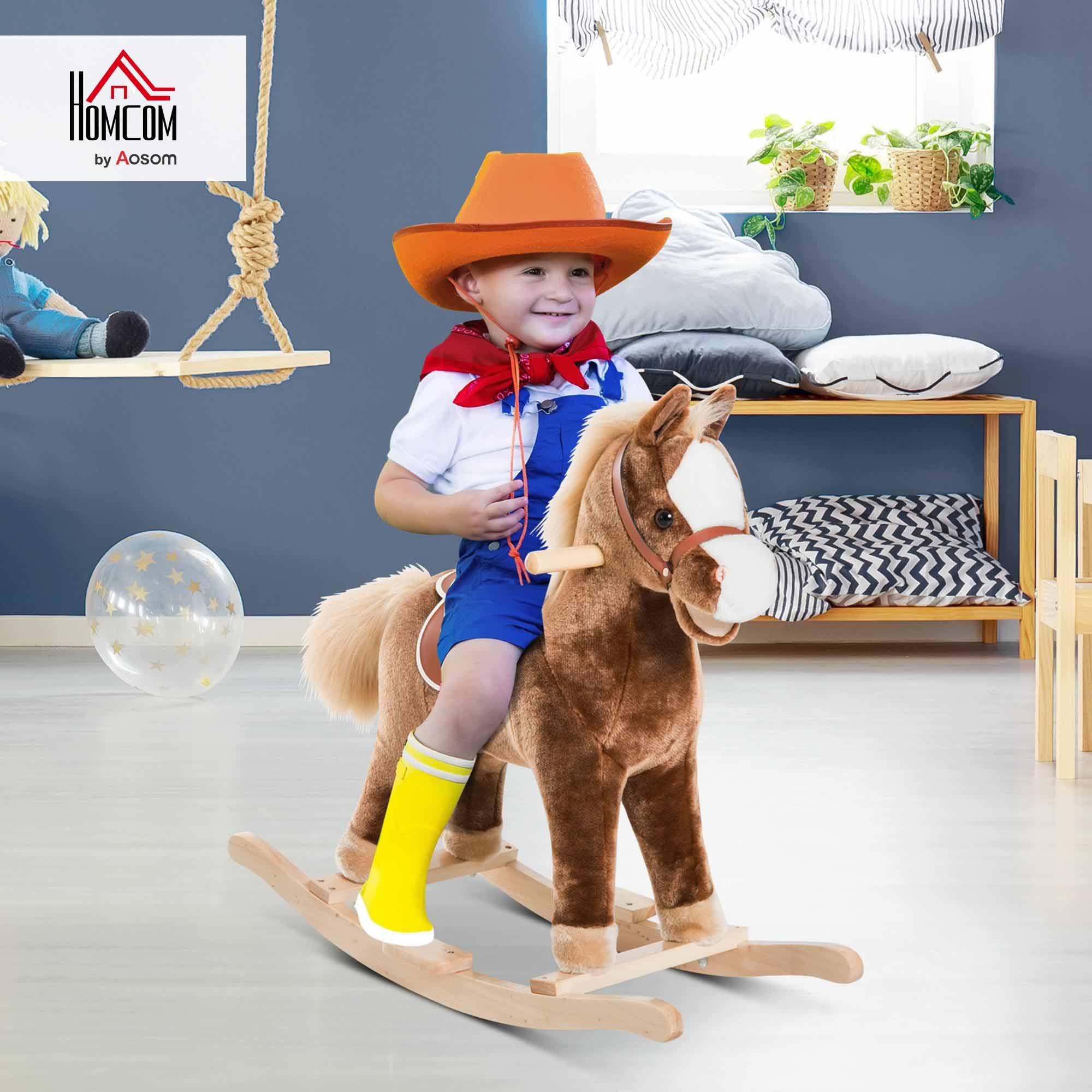 HOMCOM Schaukelpferd Schaukeltier mit Haltegriffen Plüsch Baby Schaukel Schaukelsitz für Kinder ab 3 Jahren