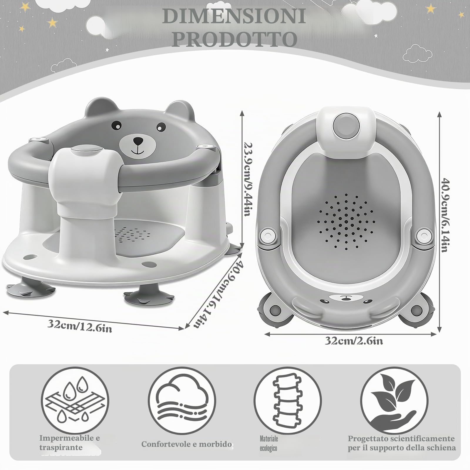 Seggiolini Per Bagnetto, Seggiolino Doccia Neonato, Seggiolino Da Bagno Antiscivolo Per Bambini A Partire Da 6 Mesi, Protezione A 360°, Per Doccia O Vasca Da Bagno (Grigio)