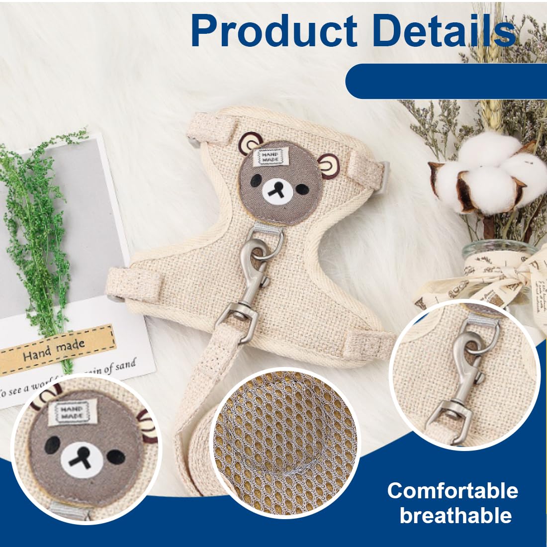 Guinzaglio e Pettorina per Coniglio Nano - Imbracatura Regolabile con Accessori per Piccoli Animali, 120cm, per 1-1,5 kg (Beige)