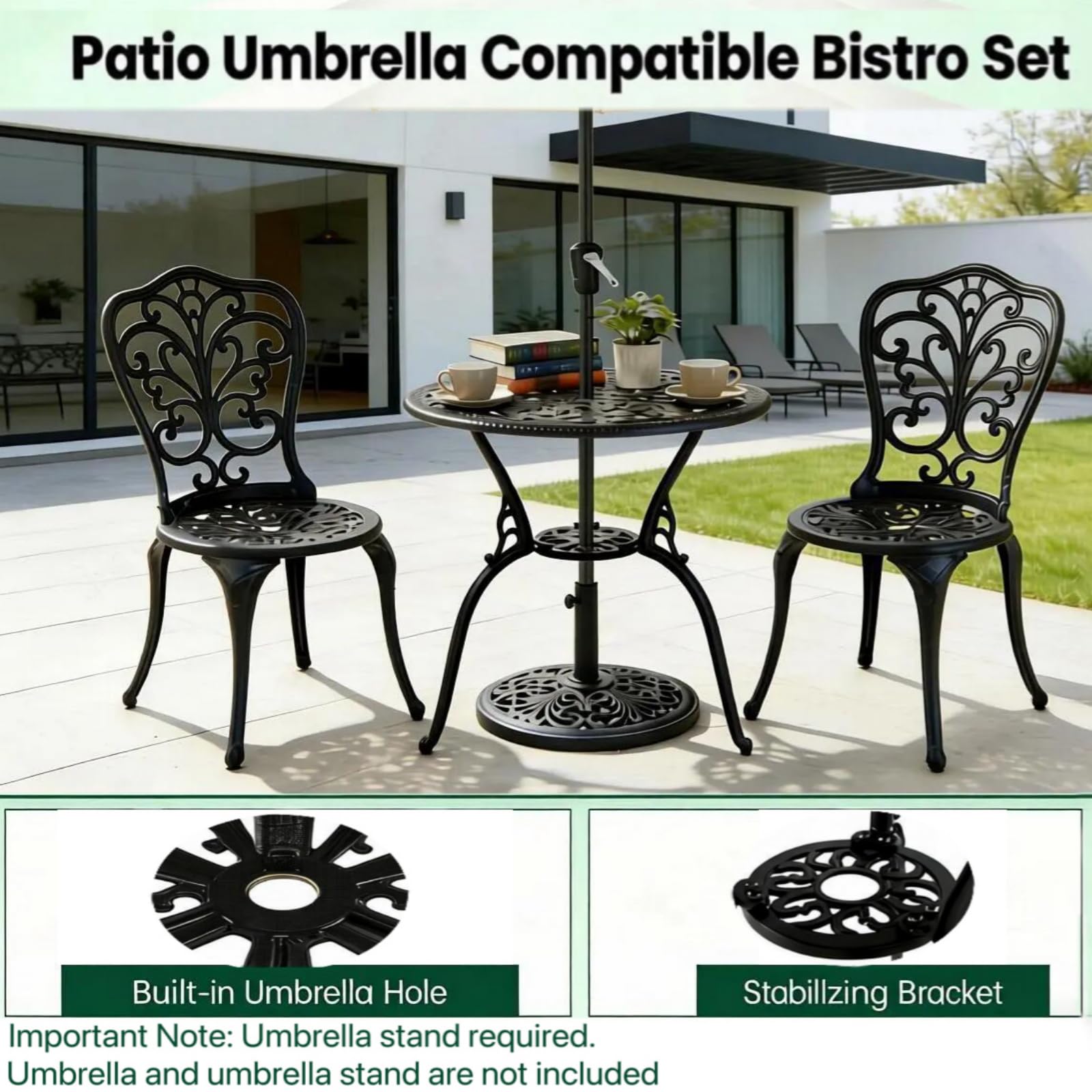 GIANTEX Set Tavolo da Bistrot in Fusione di Alluminio Set da 3 Pezzi Tavolino con 2 Sedie per Giardino Balcone Bordo Piscina, Colore Verde Bronzo/Bianco (Nero)