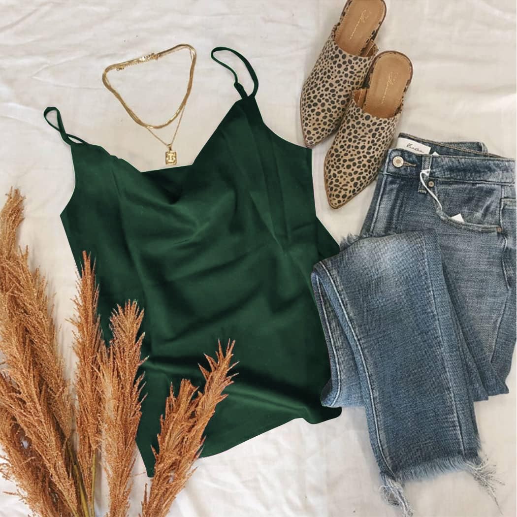 Aoulaydo Women's Spaghetti Straps V Neck Satin Camisole Cowl Neck Cami Tank Top Silk Camisole Sleeveless Blouses - Image 4