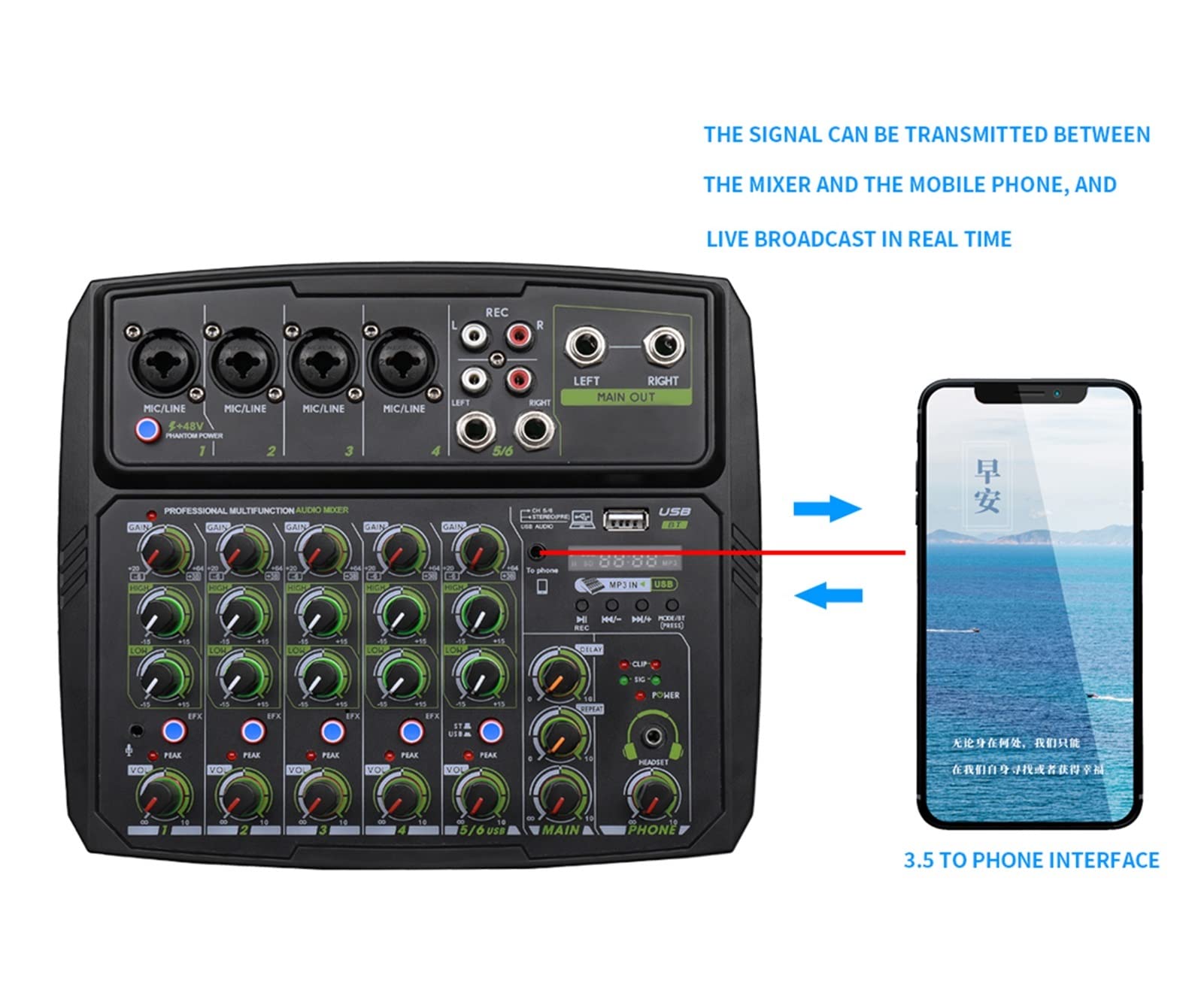 Attrezzatura per DJ per Feste 4/6-channel Sound Mixer Outdoor Conference Audio USB Bluetooth Reverb Audio Processor K Song Mobile Phone Live Broadcast with(B4L)