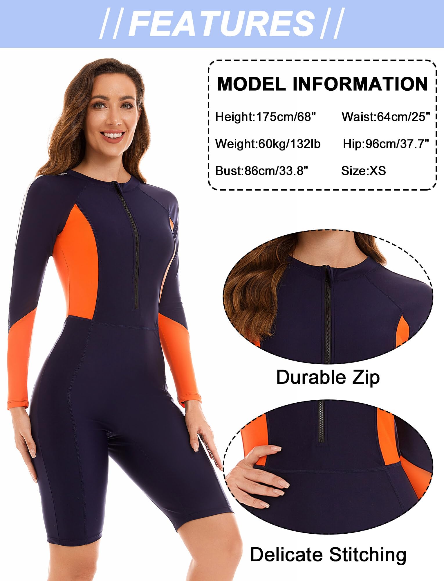 SEAUR Maillots de Bain Femme UPF 50+ Rashguard Une pièce Manche Longue Demmes Combishort de Plage Anti-UV Natation Surfing Dame