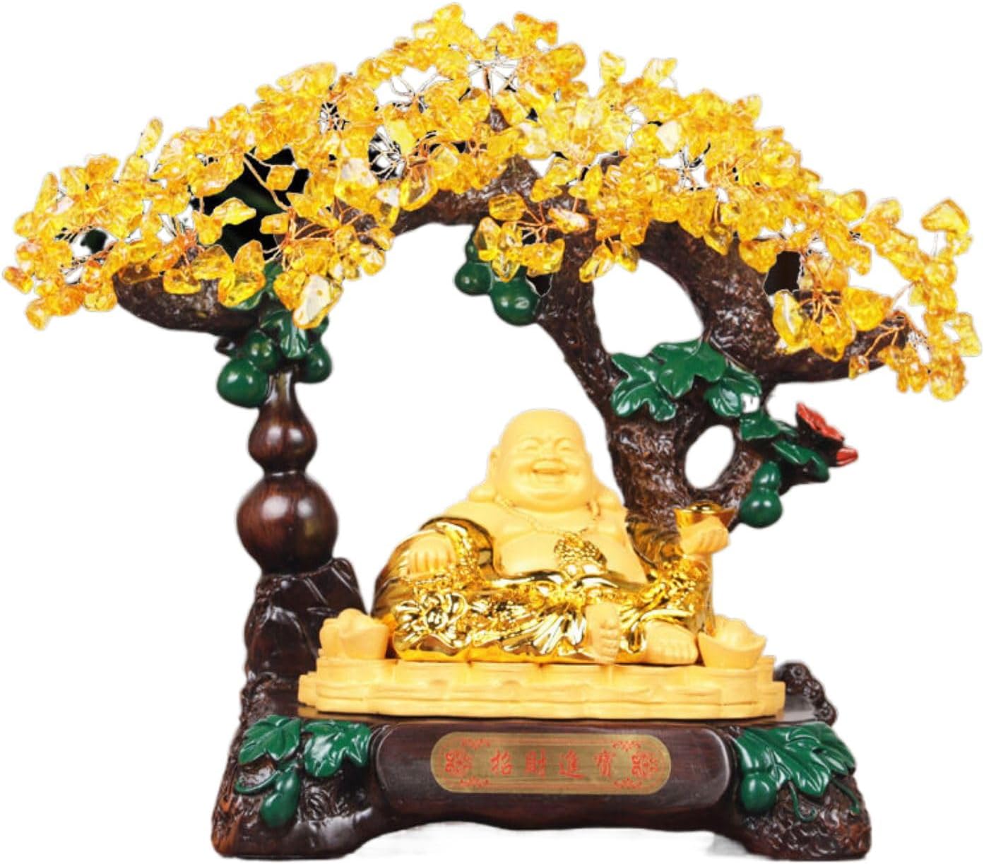 黄水晶发财树招财猫摆件 Feng Shui Figurine Home Office Decor Chinese Gifts 客厅酒柜收银台装饰品店铺乔迁开业礼物 8441